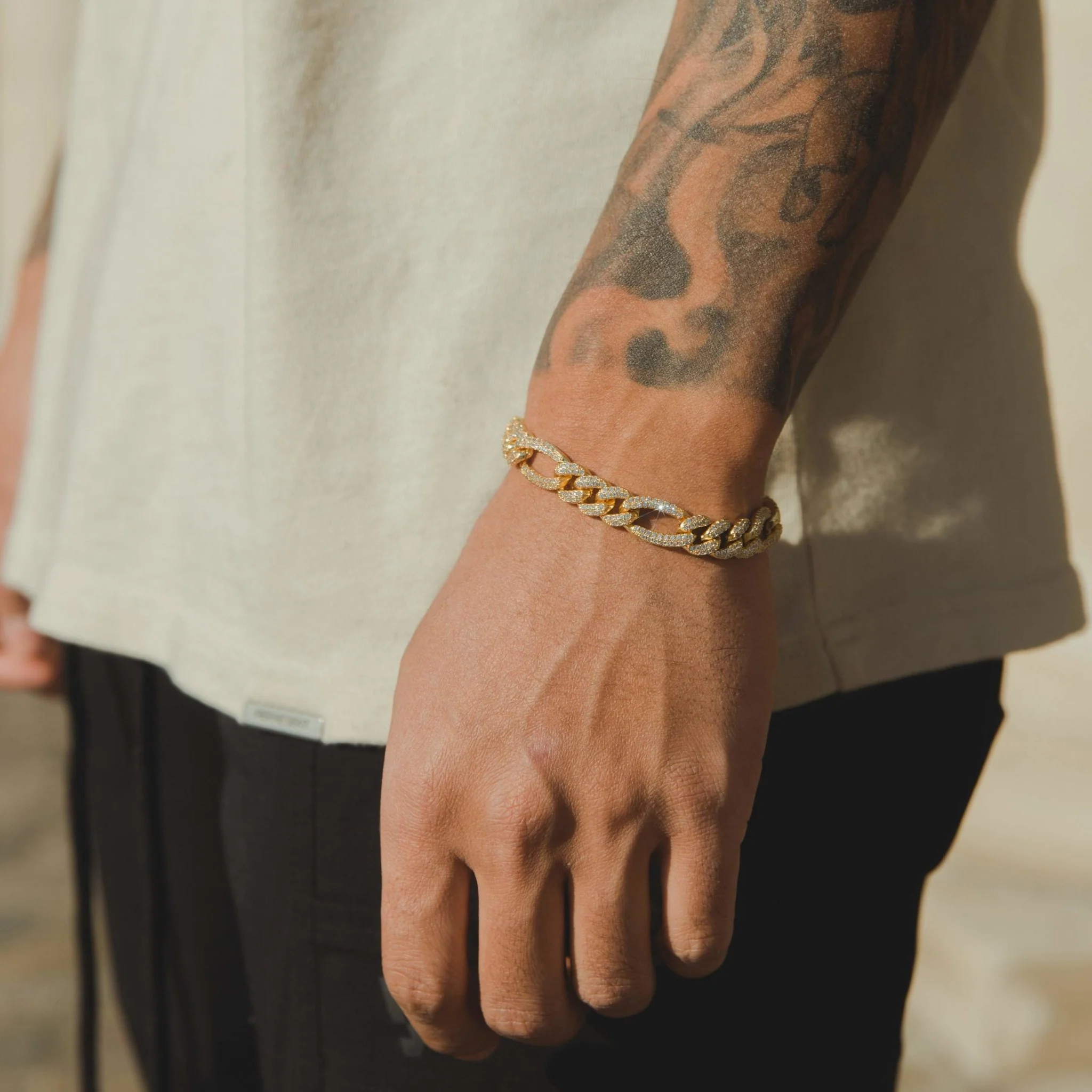 10mm Iced Figaro Bracelet - Gold - Image 2