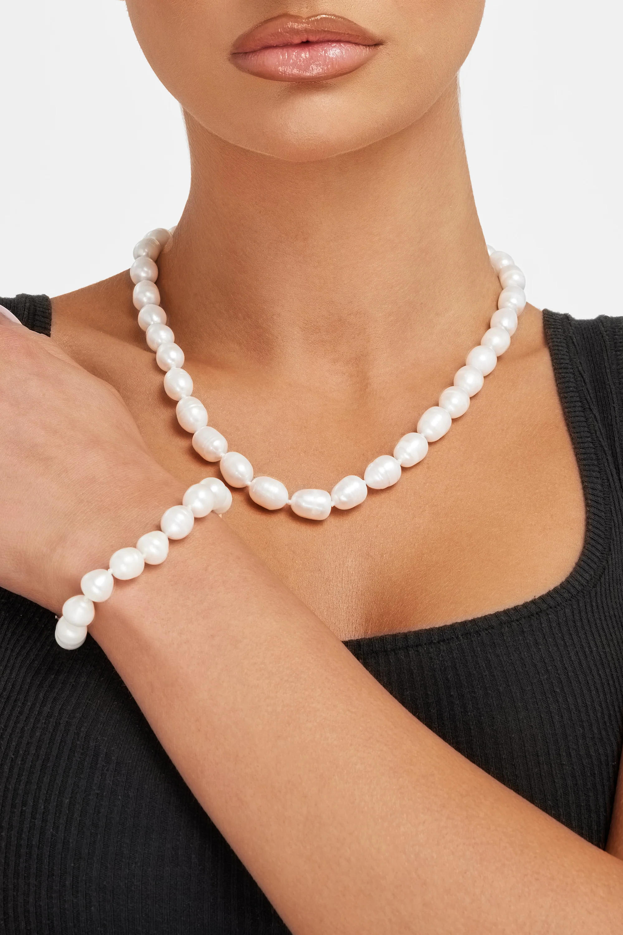 10mm Rice Pearl Necklace + Bracelet Bundle - Image 2