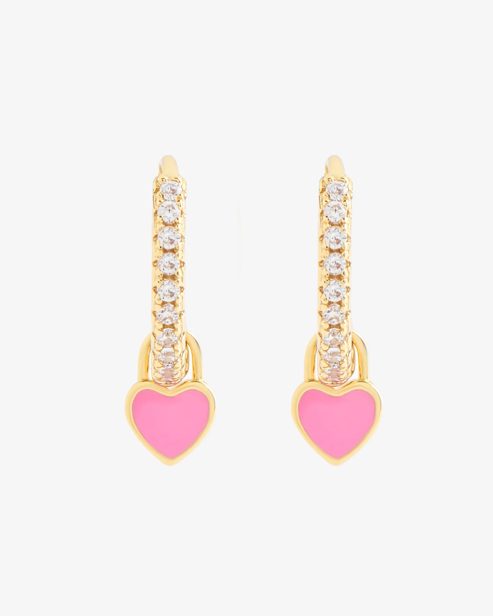 12mm Iced Pink Enamel Drop Heart Huggie Hoop Earrings - Gold - Image 2