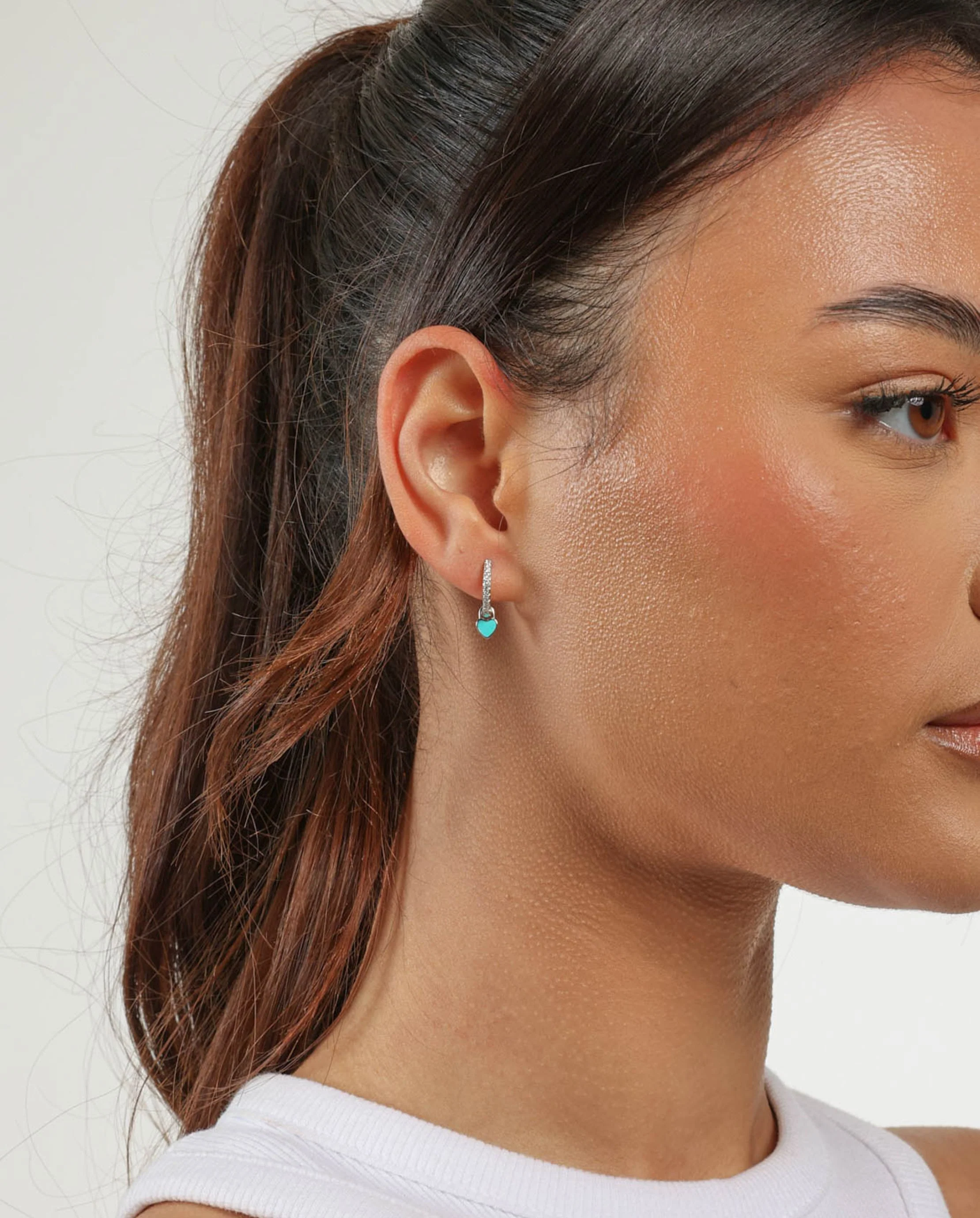 12mm Iced Turquoise Enamel Drop Heart Huggie Hoop Earrings - Image 2