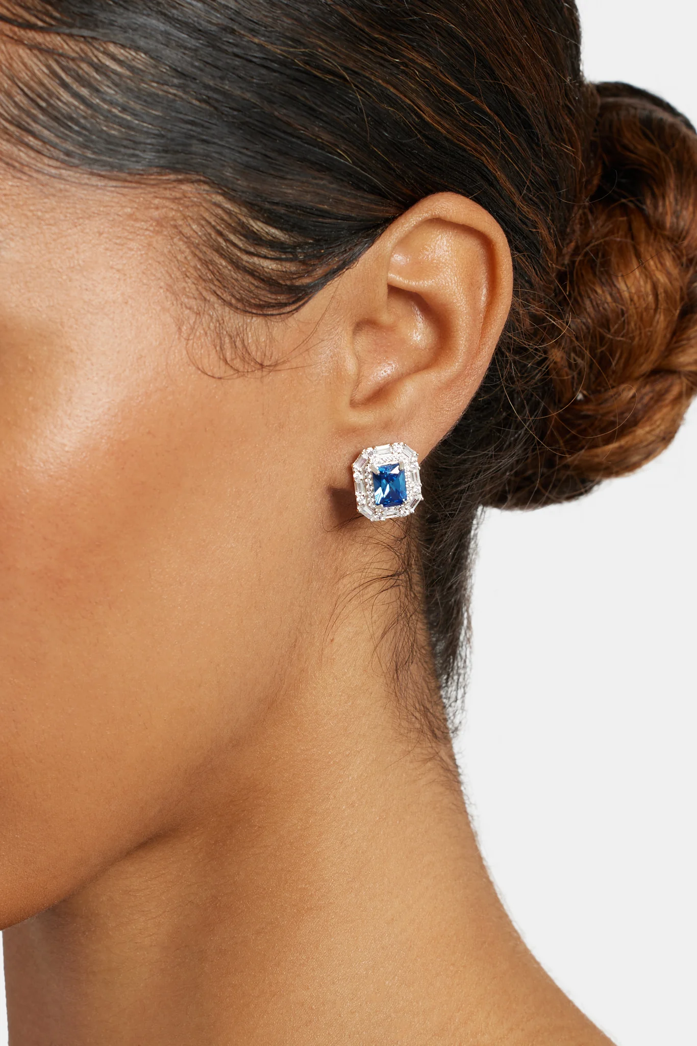 14mm Sterling Silver Blue CZ Baguette Cluster Stud Earrings - Image 2