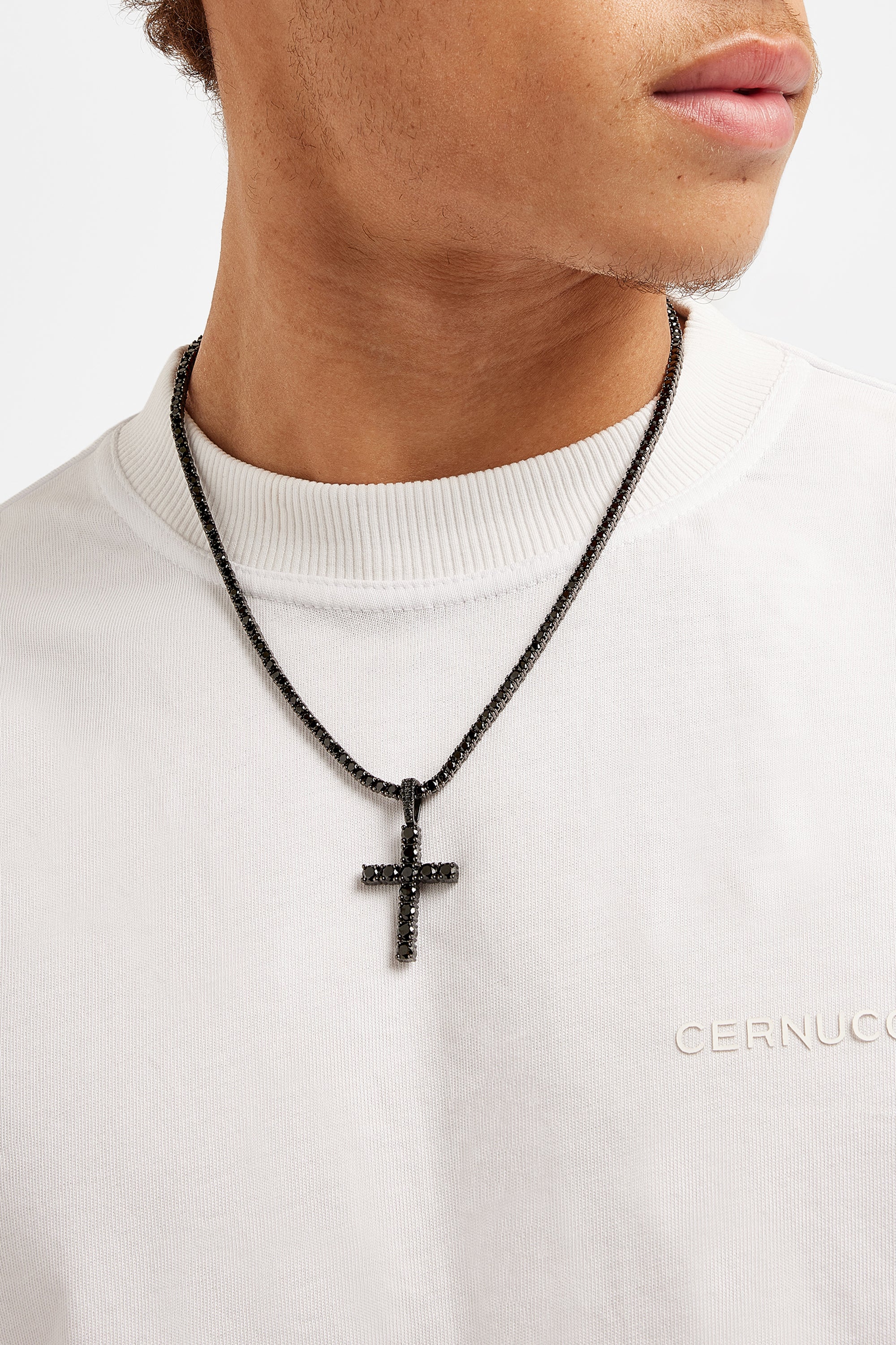 2.5mm Micro Tennis Chain + 4mm Iced Cross - Black - Image 2