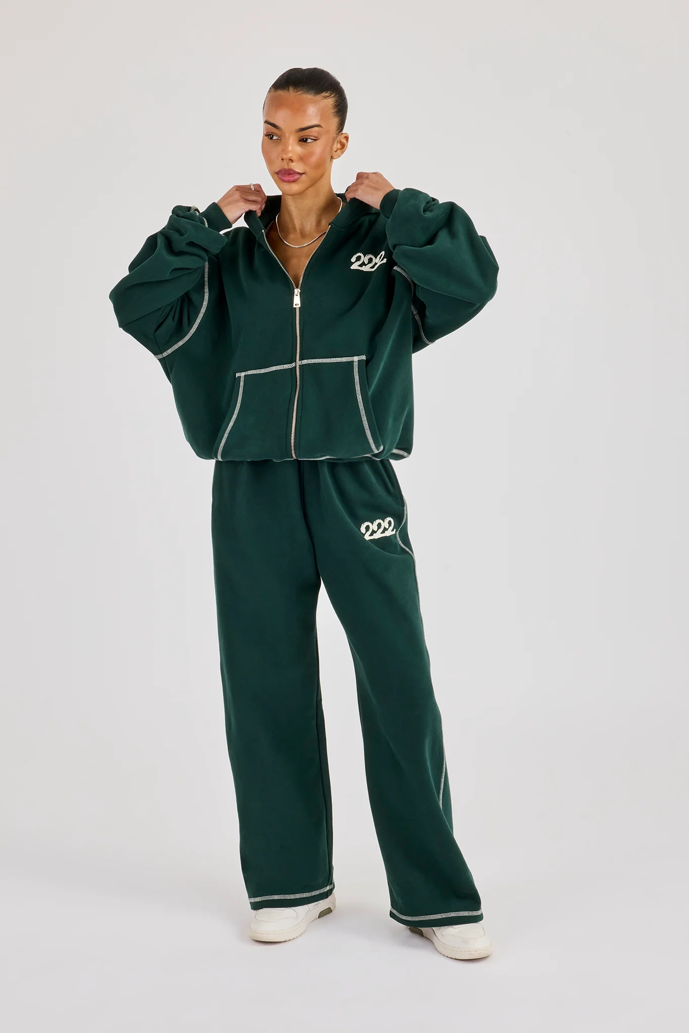 222 Cherub Contrast Stitch Wide Leg Jogger - Dark Green - Image 4
