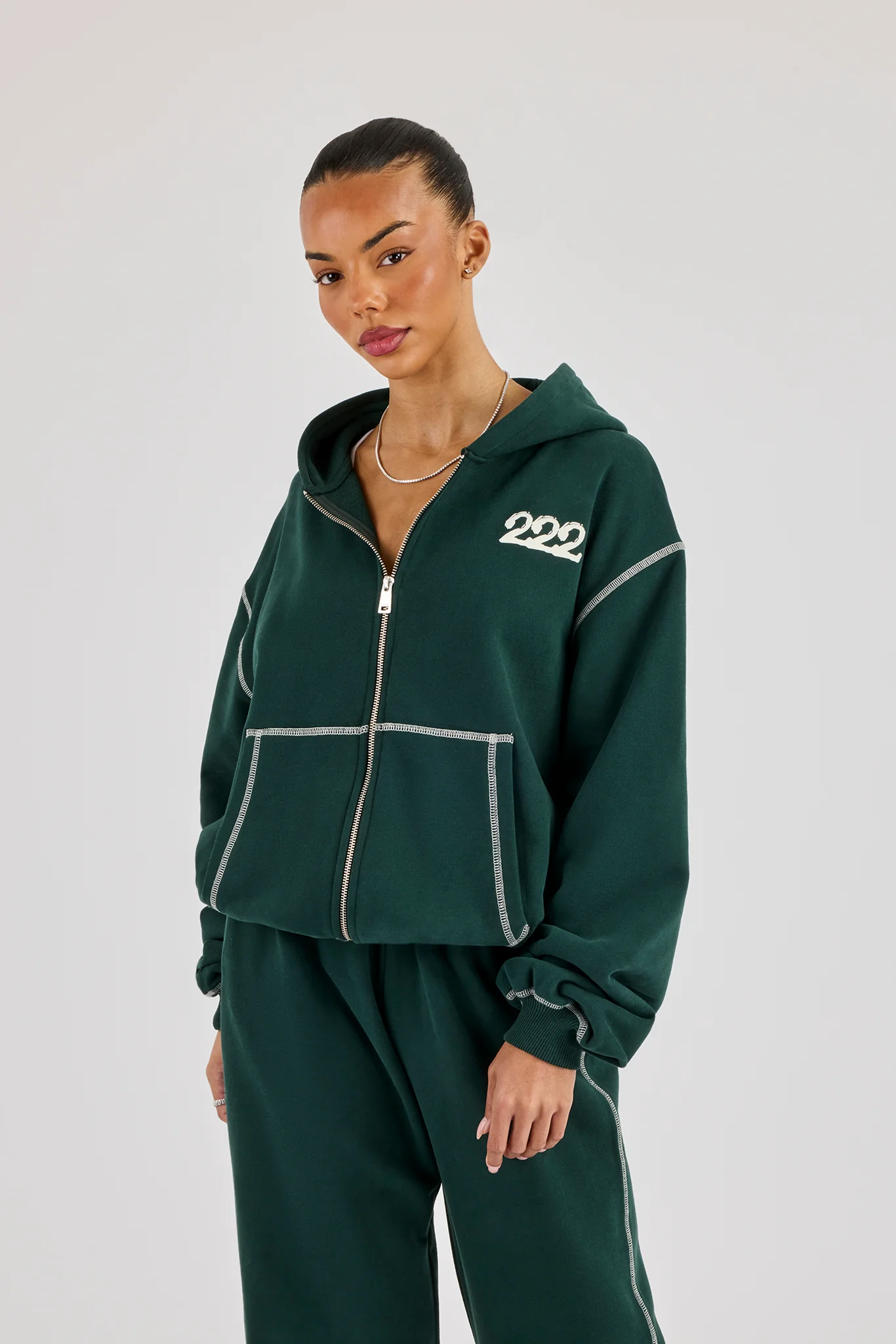 222 Cherub Contrast Stitch Zip Through Hoodie - Dark Green - Image 2