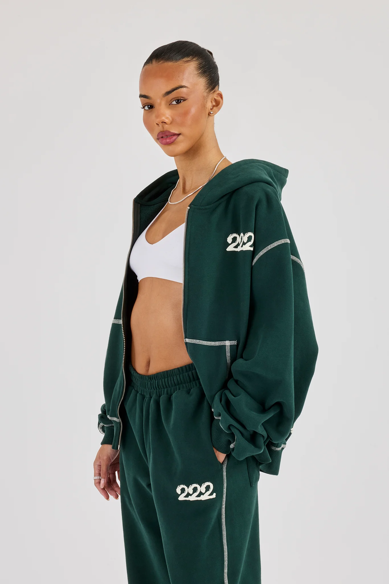 222 Cherub Contrast Stitch Zip Through Hoodie - Dark Green - Image 4