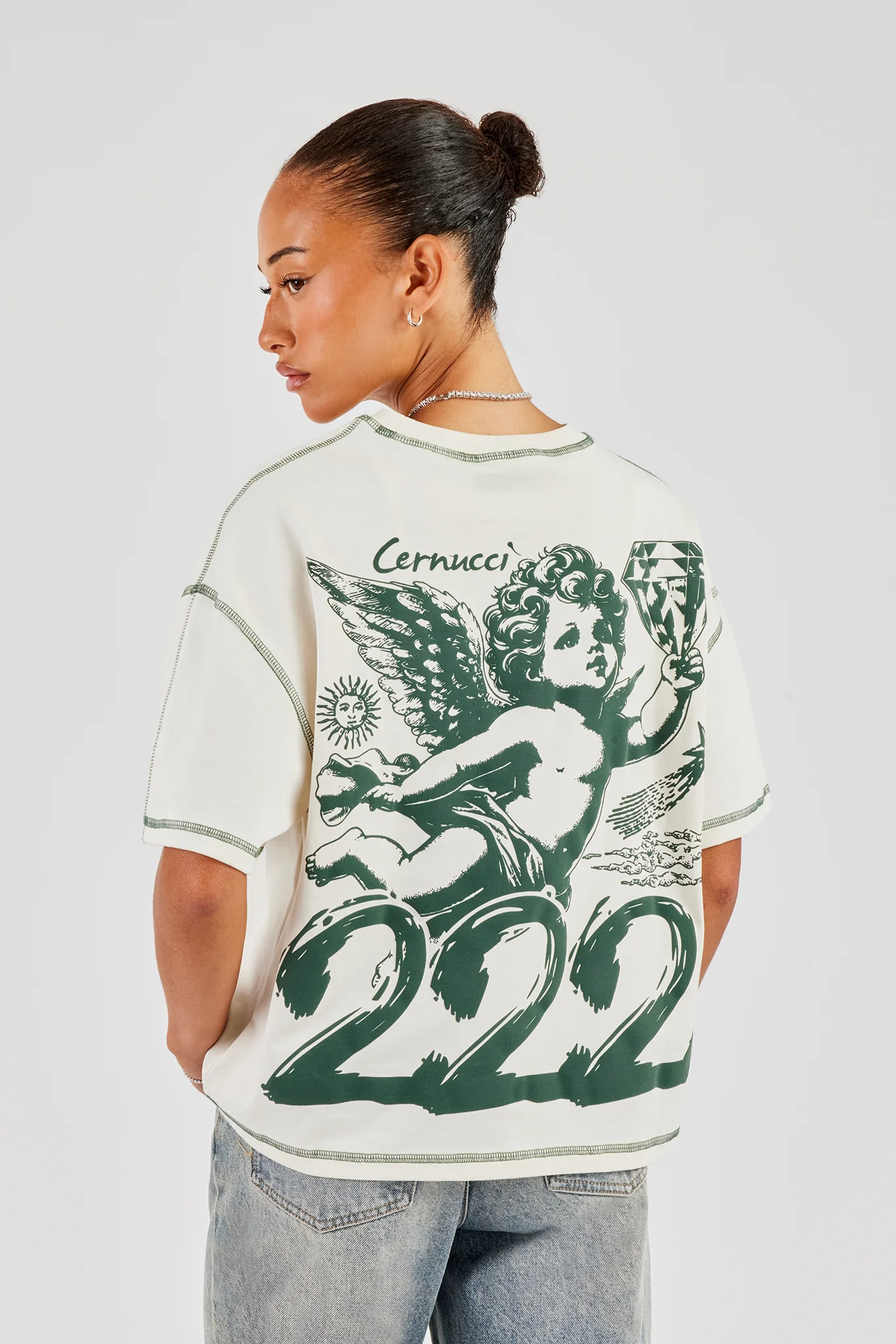 222 Cherub Contrast Stitch Oversized T-Shirt - Off White