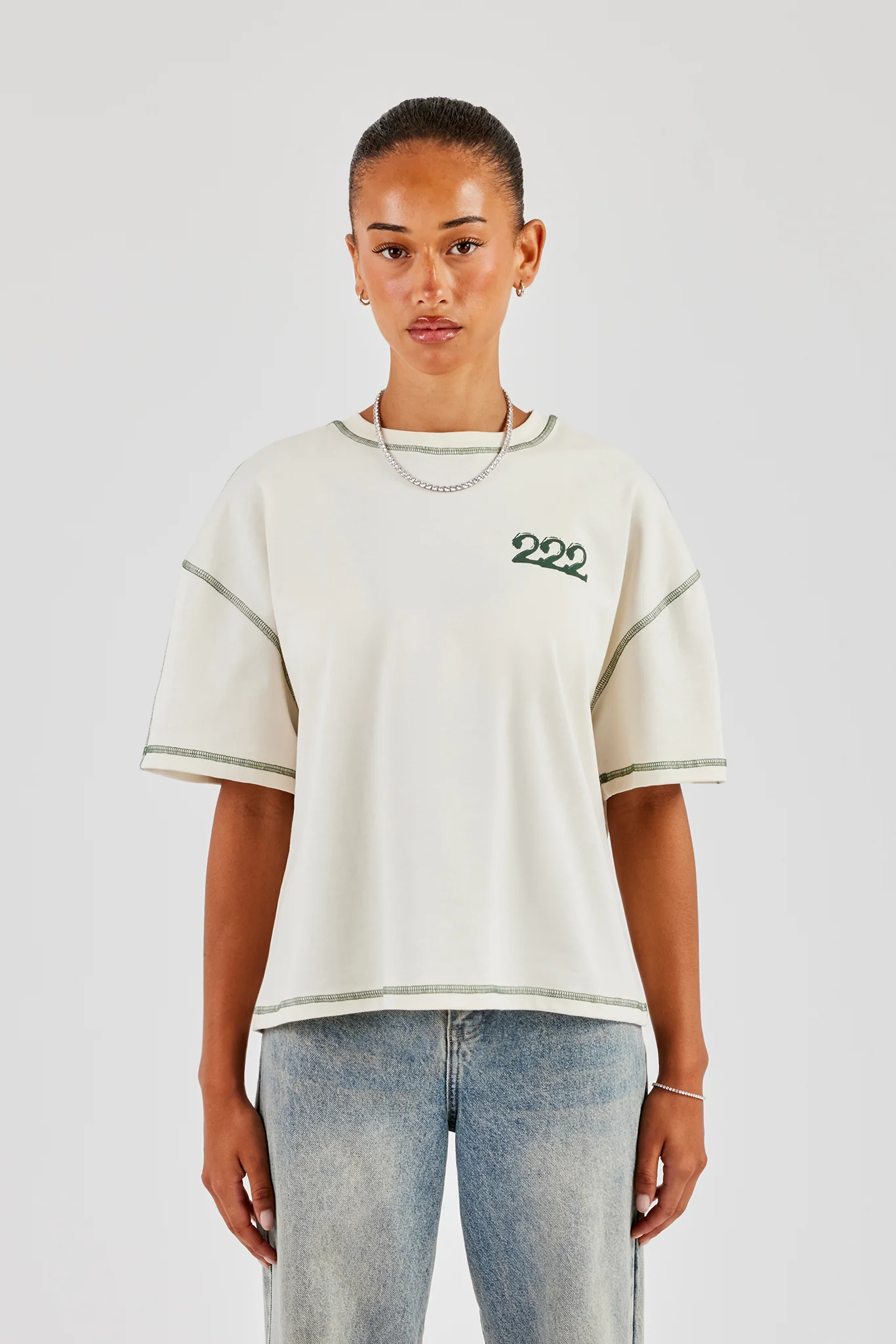 222 Cherub Contrast Stitch Oversized T-Shirt - Off White - Image 2