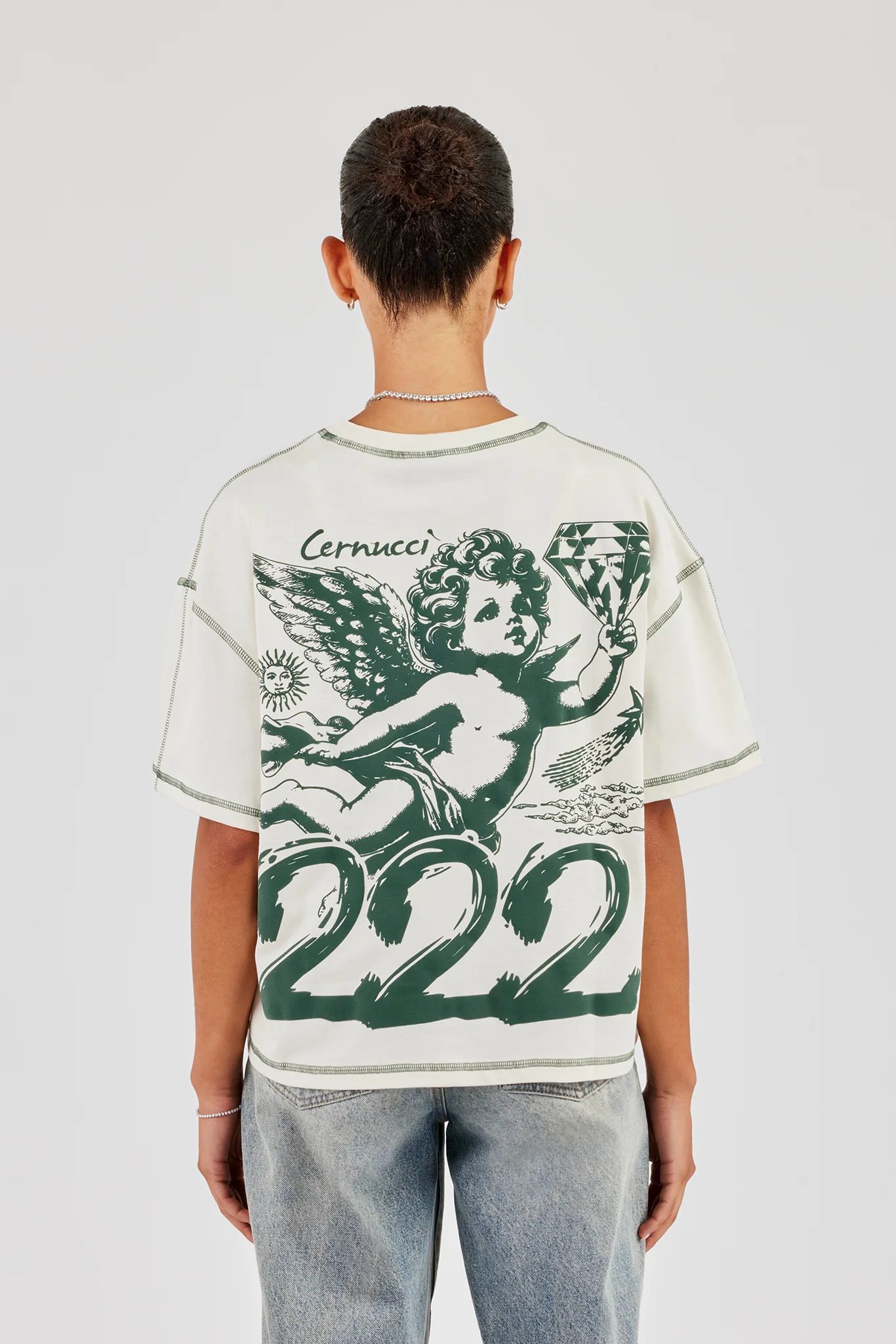 222 Cherub Contrast Stitch Oversized T-Shirt - Off White - Image 4