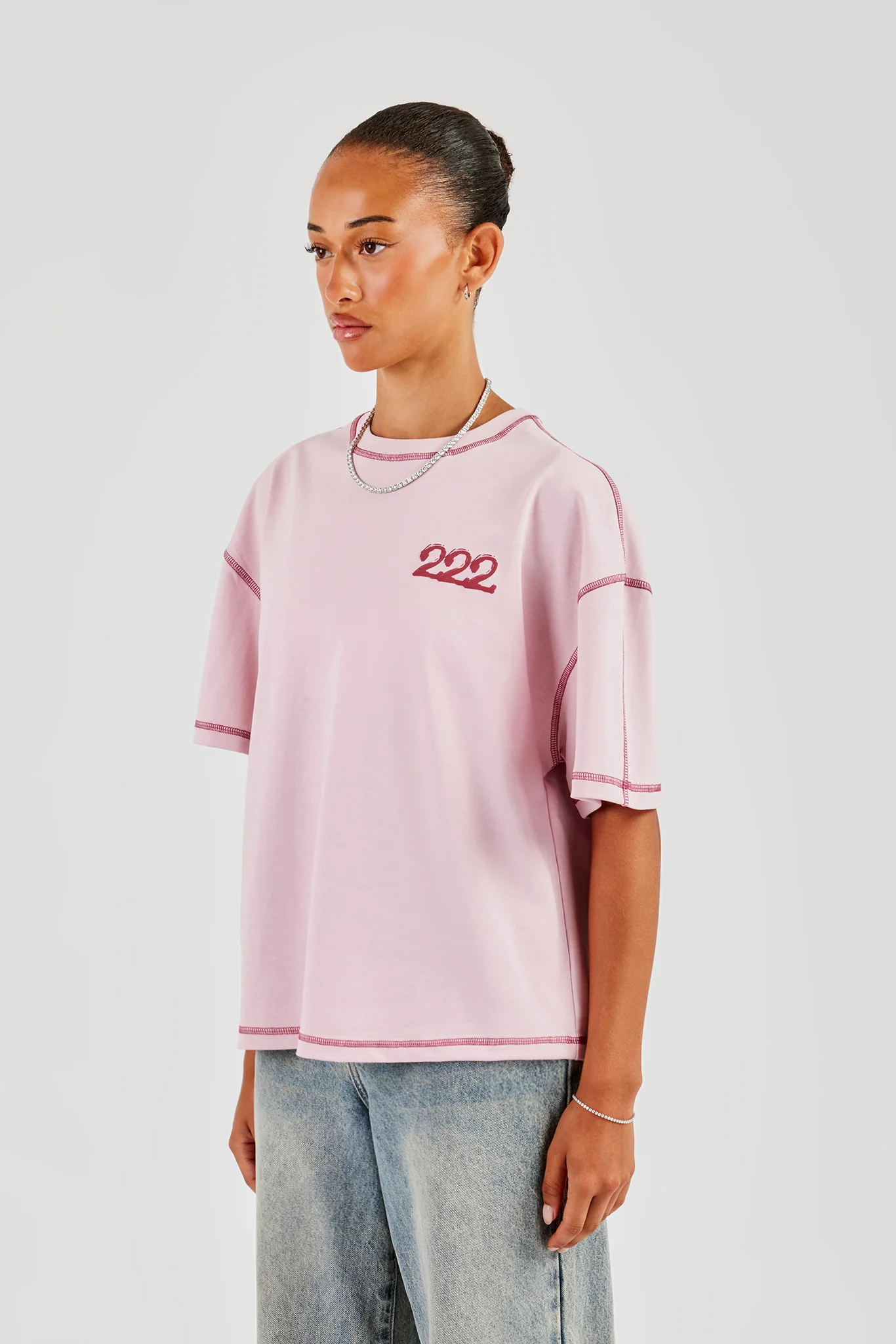 222 Cherub Contrast Stitch Oversized T-Shirt - Pink - Image 3