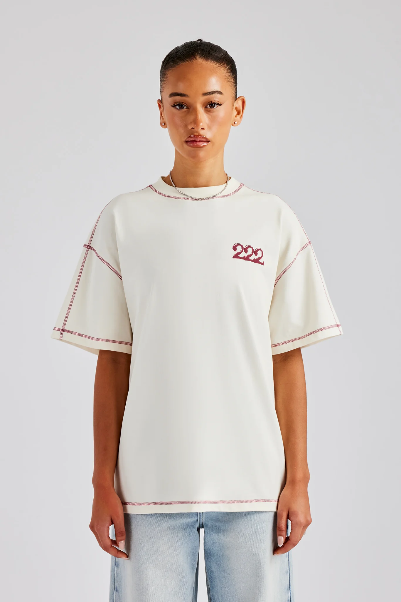 222 Cherub Contrast Stitch Oversized T-Shirt - White - Image 4