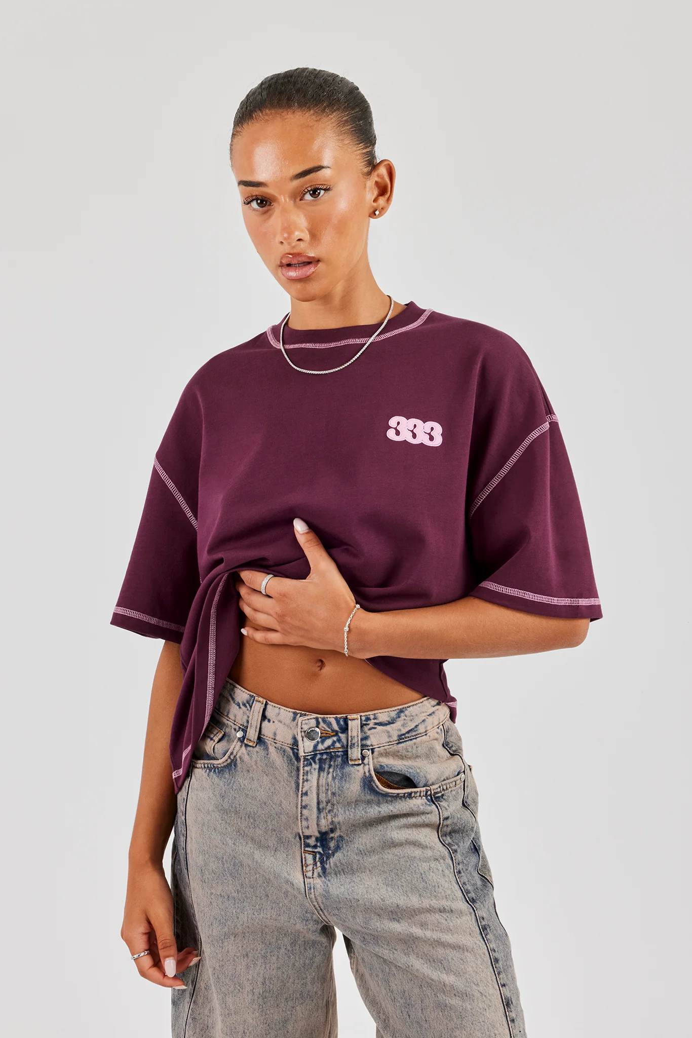 333 Cherub & Bow Contrast Stitch Oversized T-Shirt - Berry - Image 2