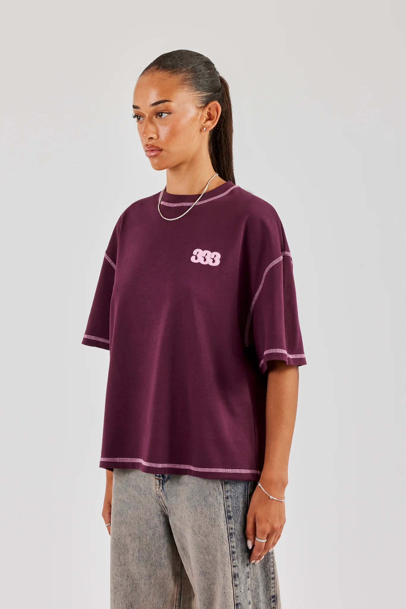 333 Cherub & Bow Contrast Stitch Oversized T-Shirt - Berry - Image 3