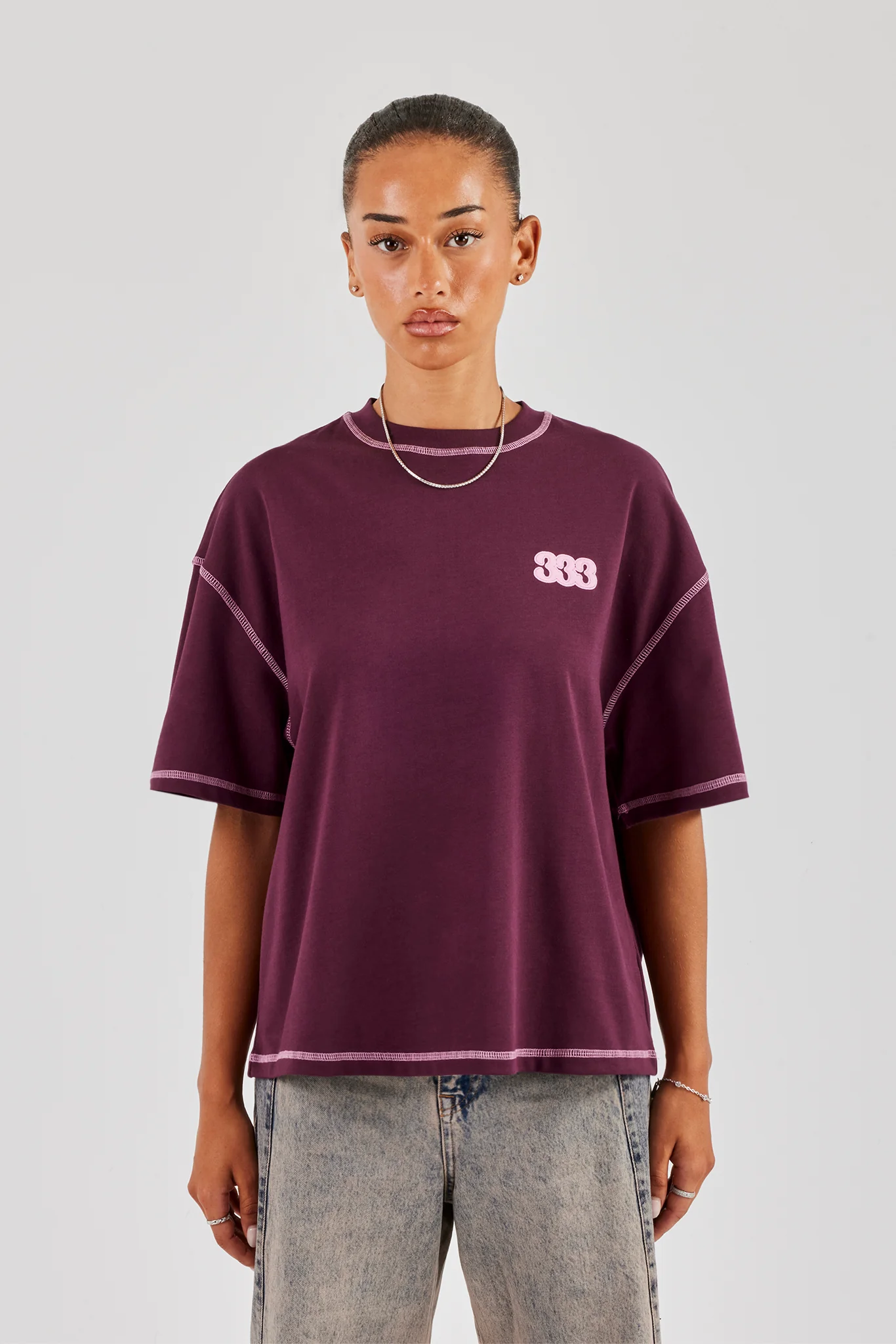 333 Cherub & Bow Contrast Stitch Oversized T-Shirt - Berry - Image 4