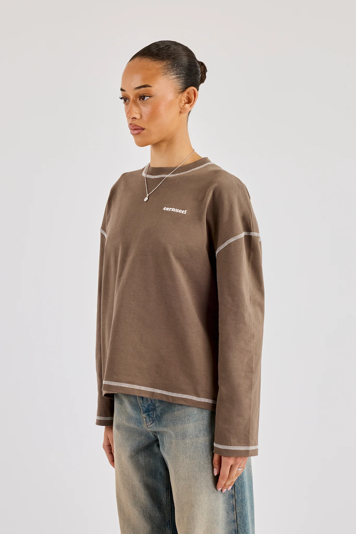 333 Contrast Stitch Long Sleeve T-Shirt - Taupe - Image 3