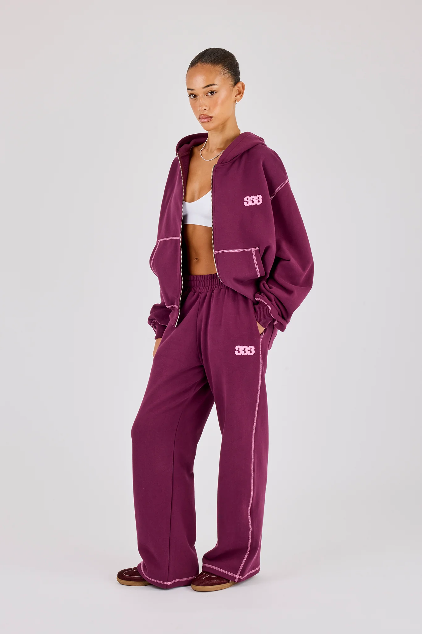 333 Cherub & Bow Oversized Hoodie & Wide Leg Jogger - Berry - Image 2