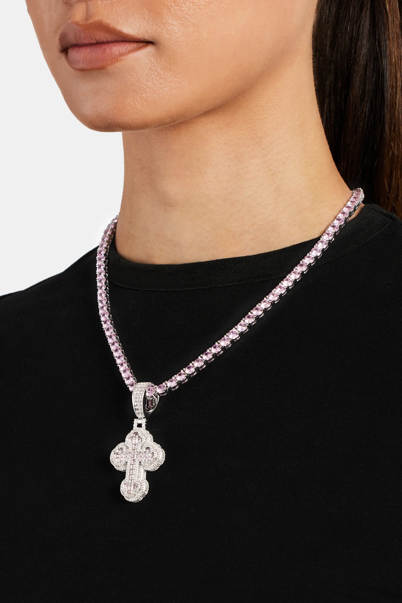 35mm Iced Pink CZ Rounded Cross Pendant - Image 3