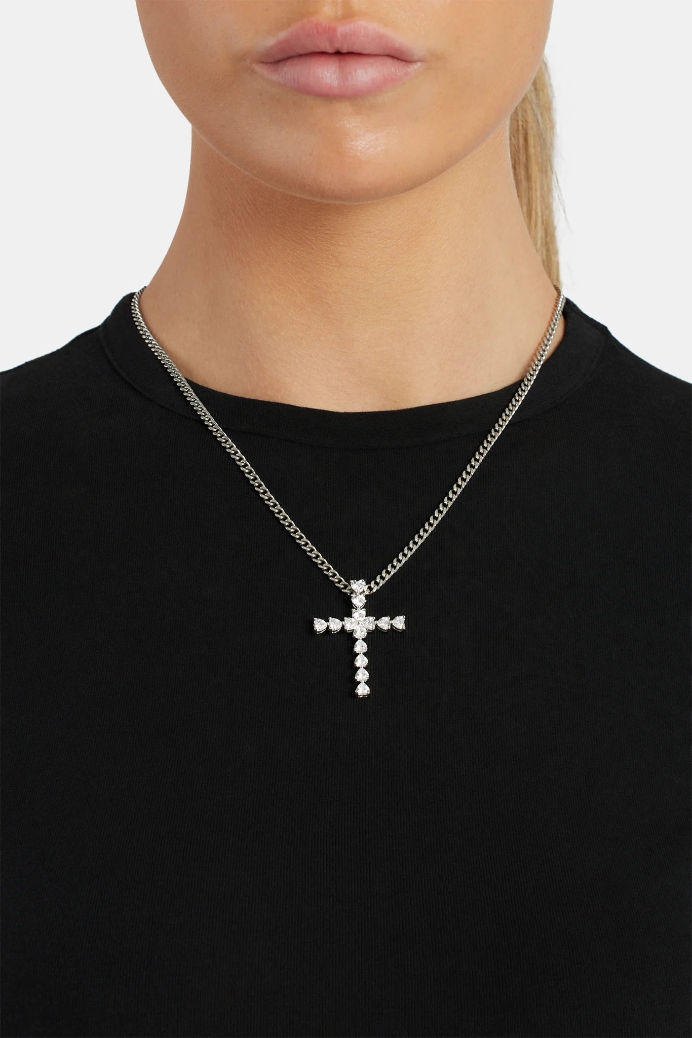 3mm Cuban Chain with Iced Clear CZ Cross Necklace - Image 2