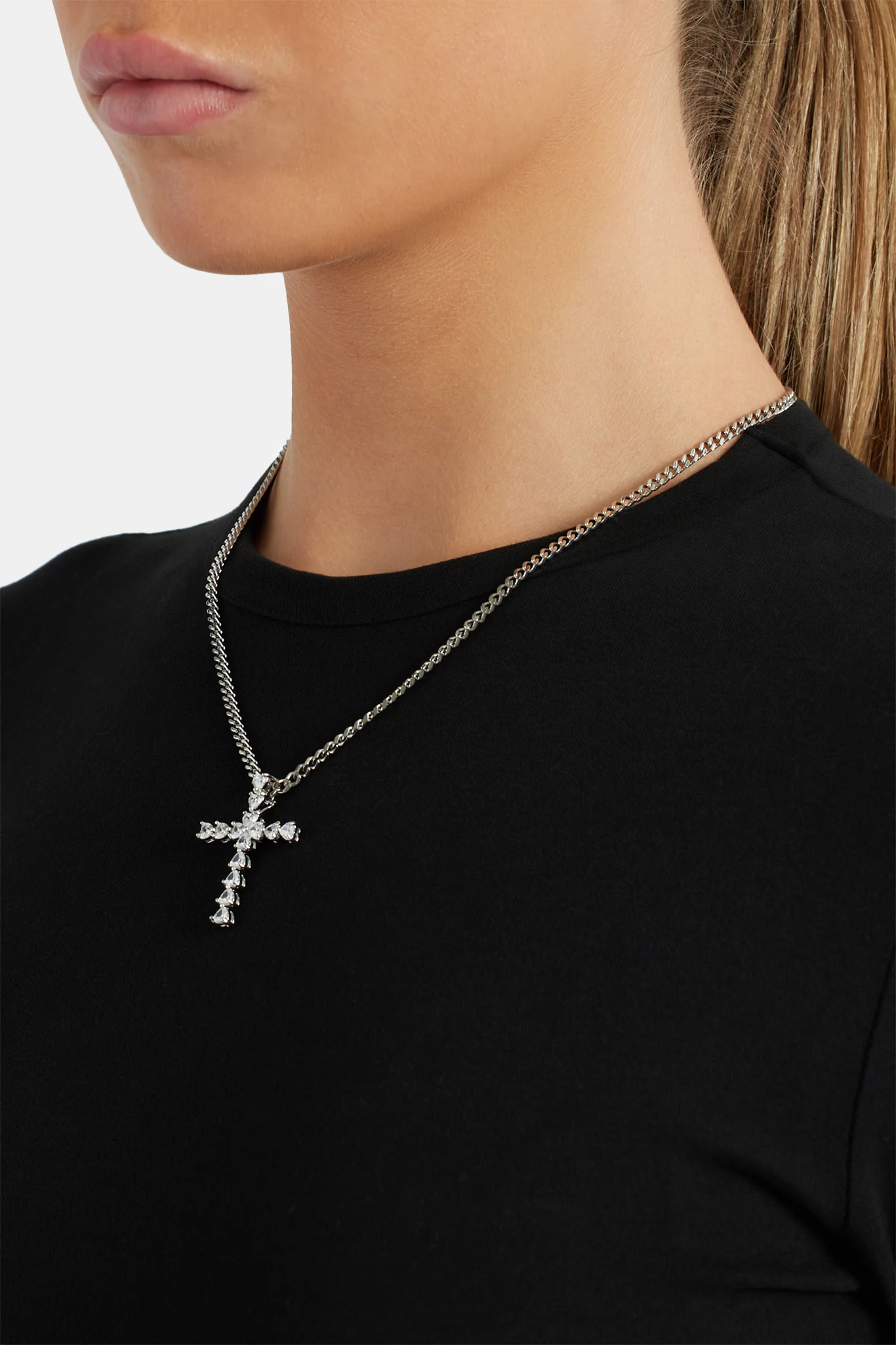 3mm Cuban Chain with Iced Clear CZ Cross Necklace - Image 3