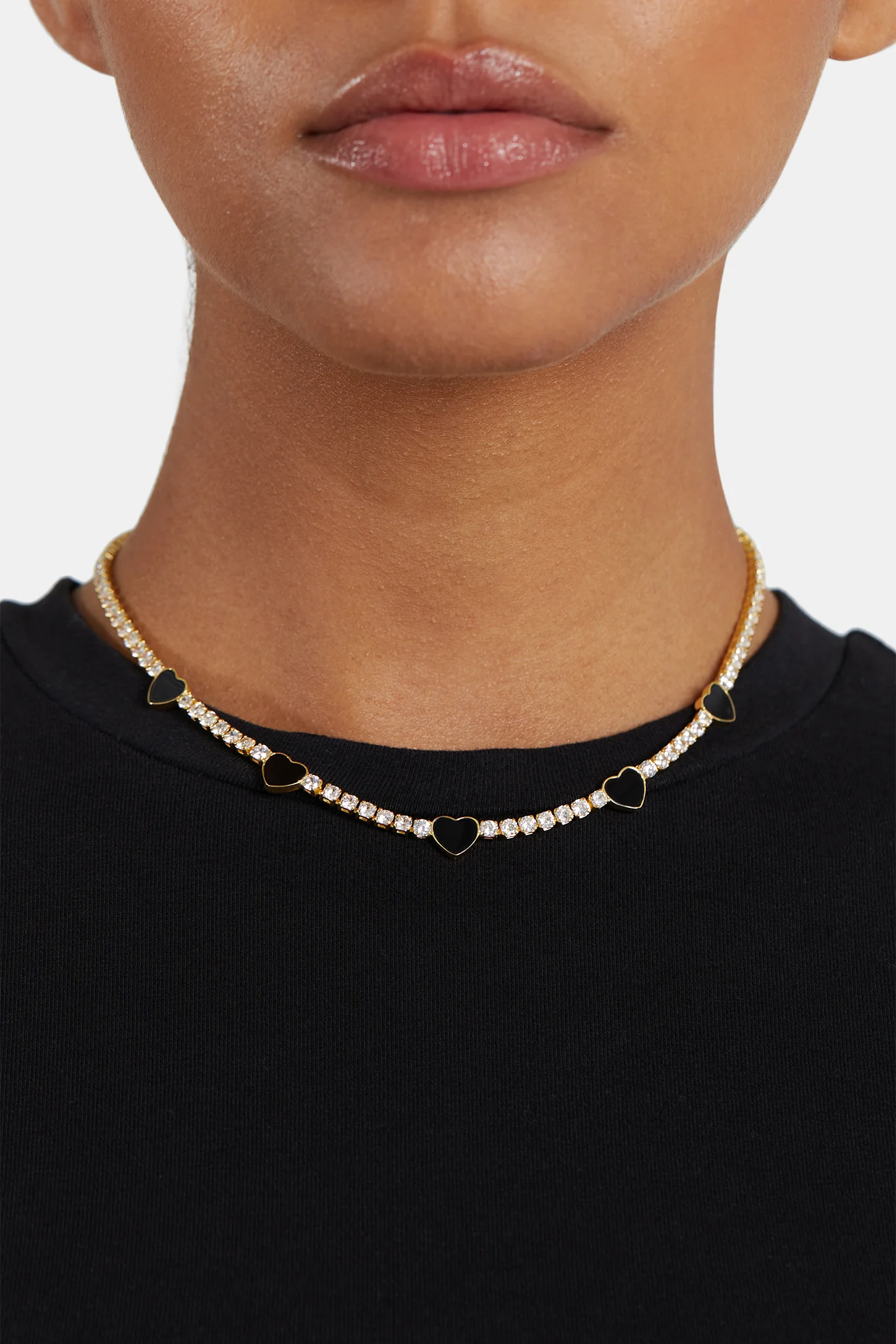 3mm Gold Plated Iced CZ Black Enamel Heart Tennis Chain - Image 2