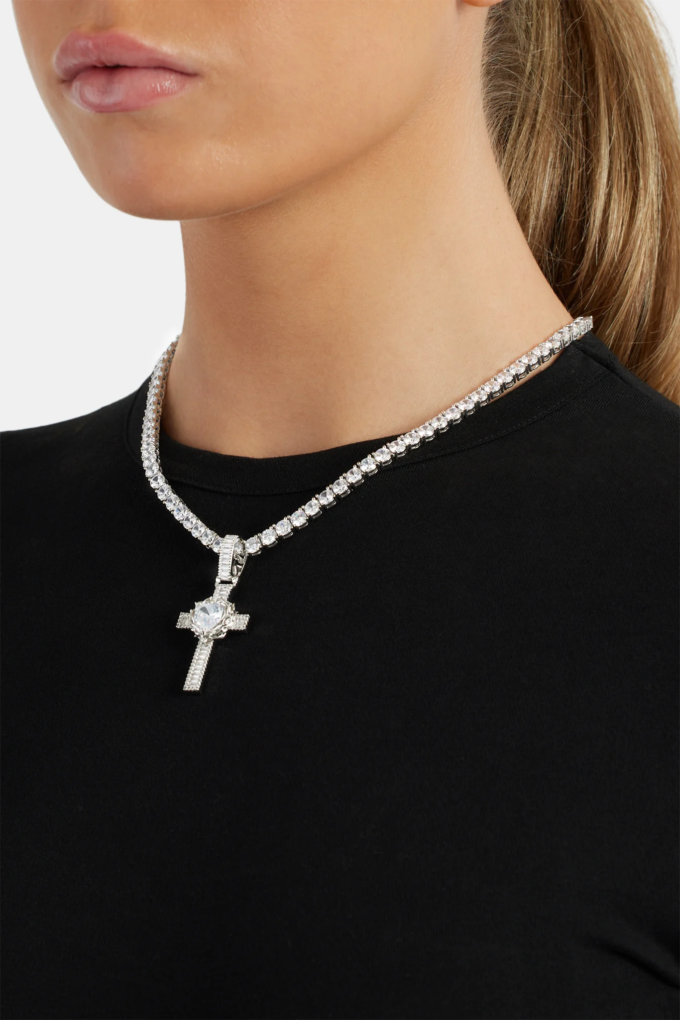 40mm Baguette CZ Heart Cross Pendant - Image 3