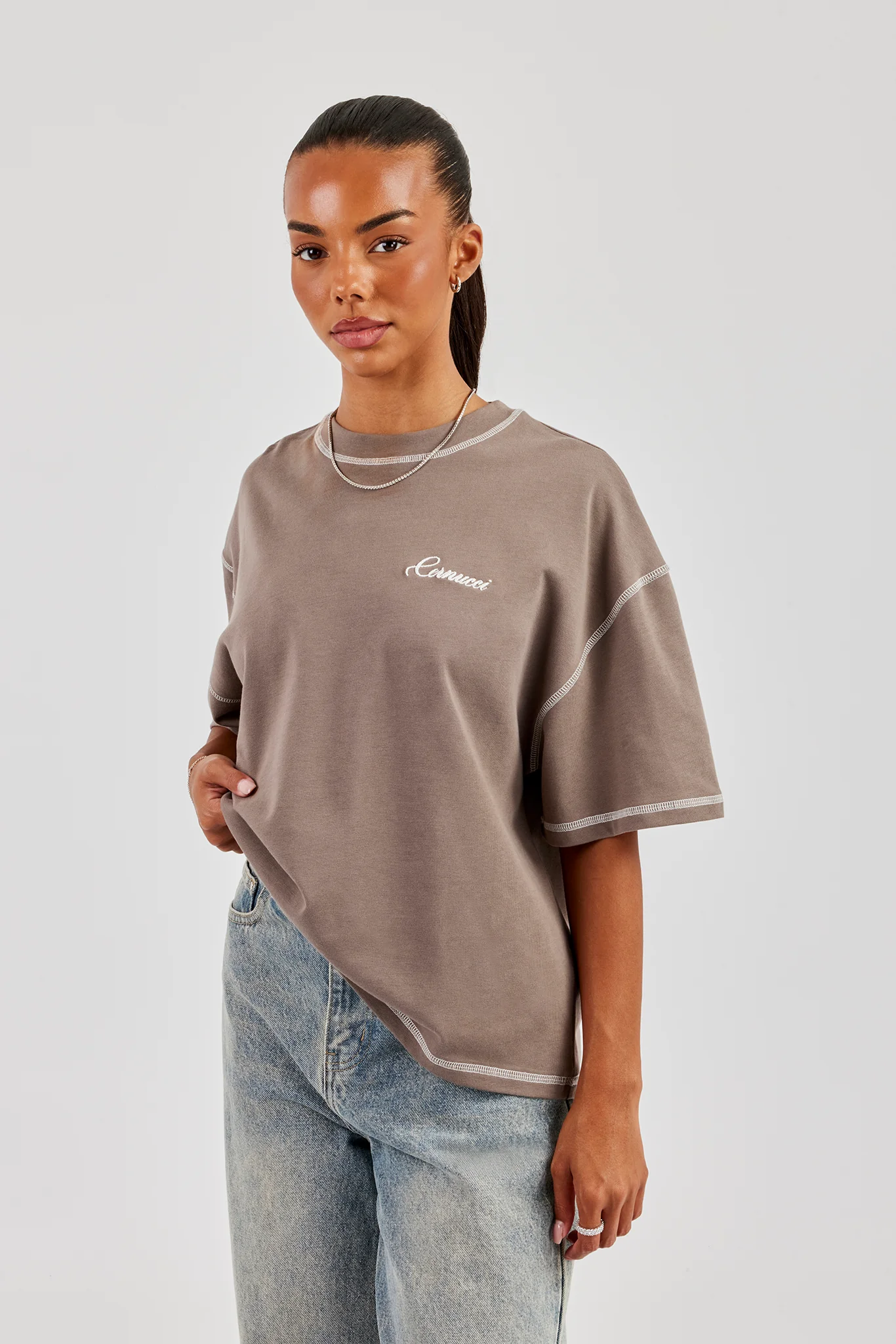 444 Cherub Contrast Stitch Oversized T-Shirt - Taupe - Image 2