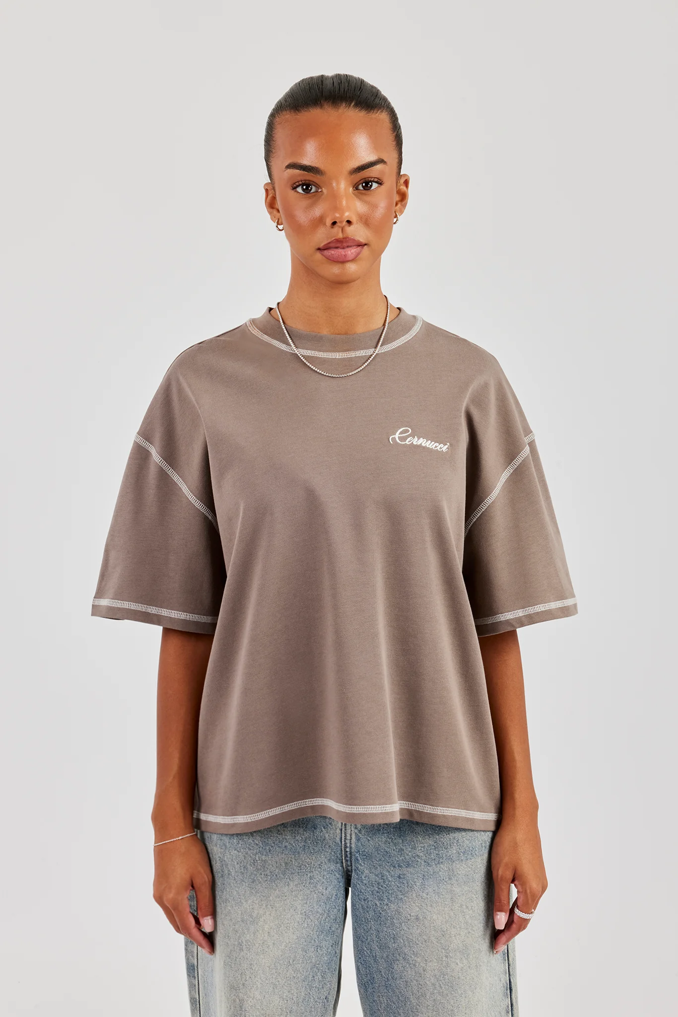 444 Cherub Contrast Stitch Oversized T-Shirt - Taupe - Image 4