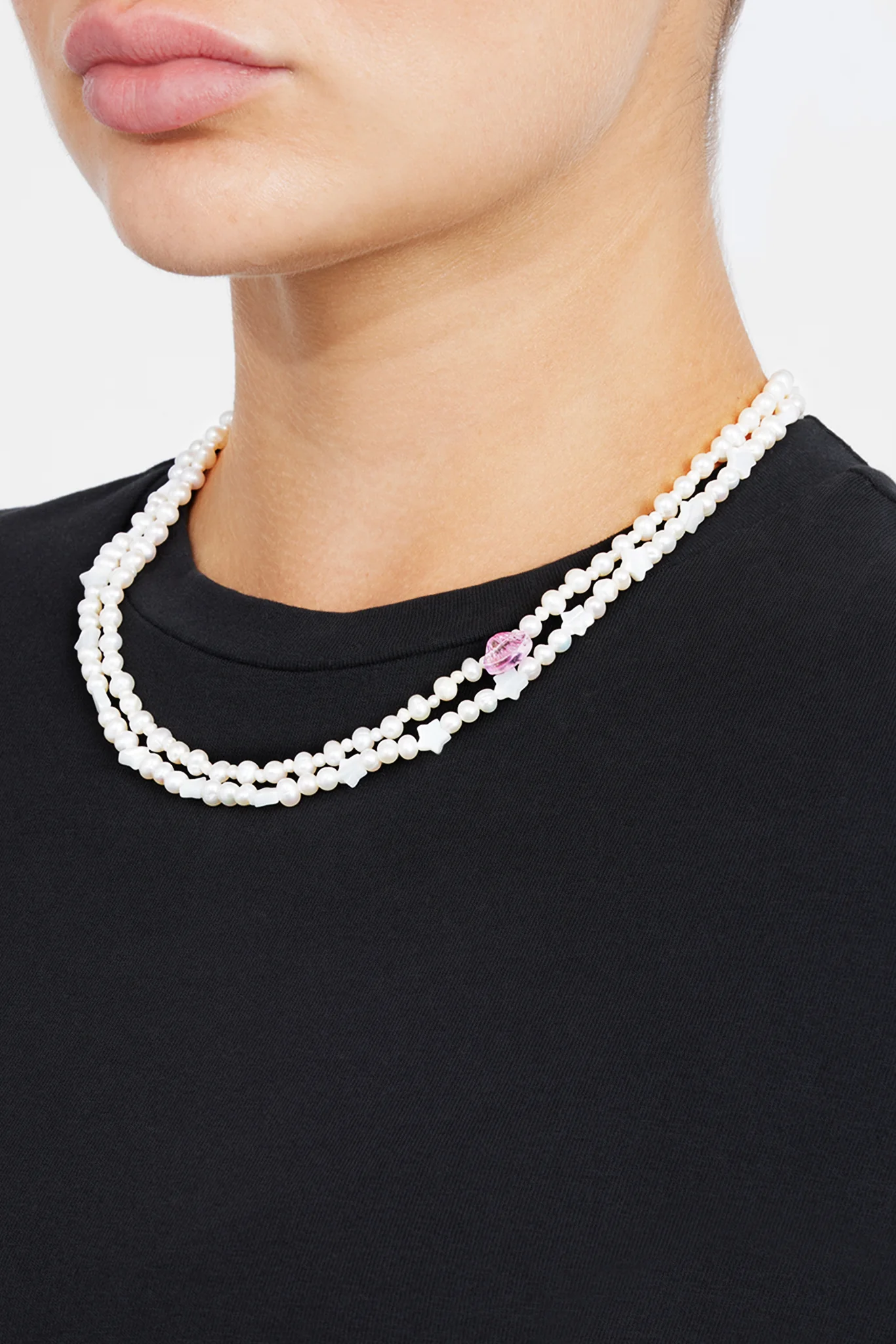 5mm Double Layer Star & Shell Charm Freshwater Pearl Necklace - Image 3