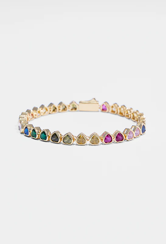 5mm Iced Multi Colour Heart Tennis Bracelet - Gold