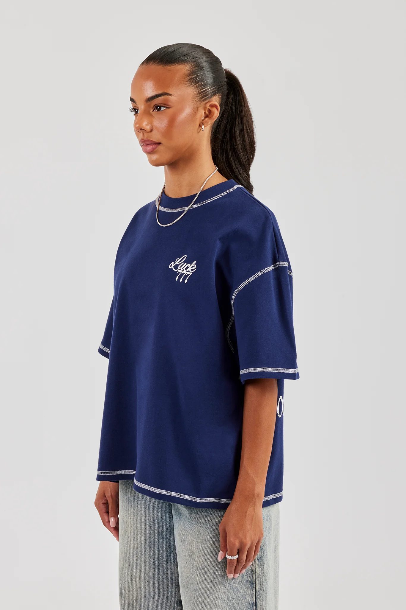 777 Luck Cherub Contrast Stitch Oversized T-Shirt - Navy Blue - Image 3