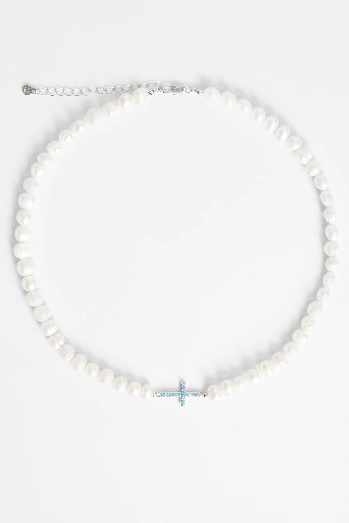 7mm Freshwater Pearl & Blue Iced Cross Necklace