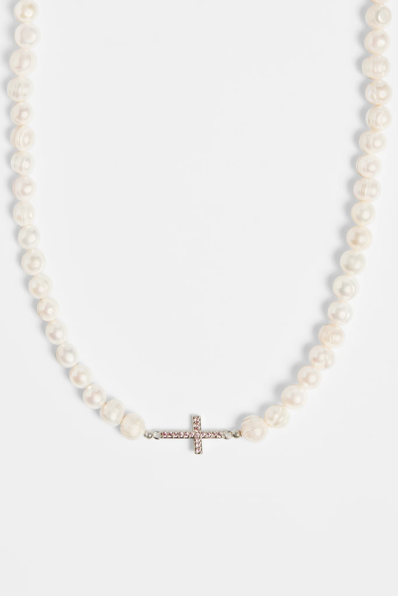 7mm Freshwater Pearl & Pink Iced Cross Necklace