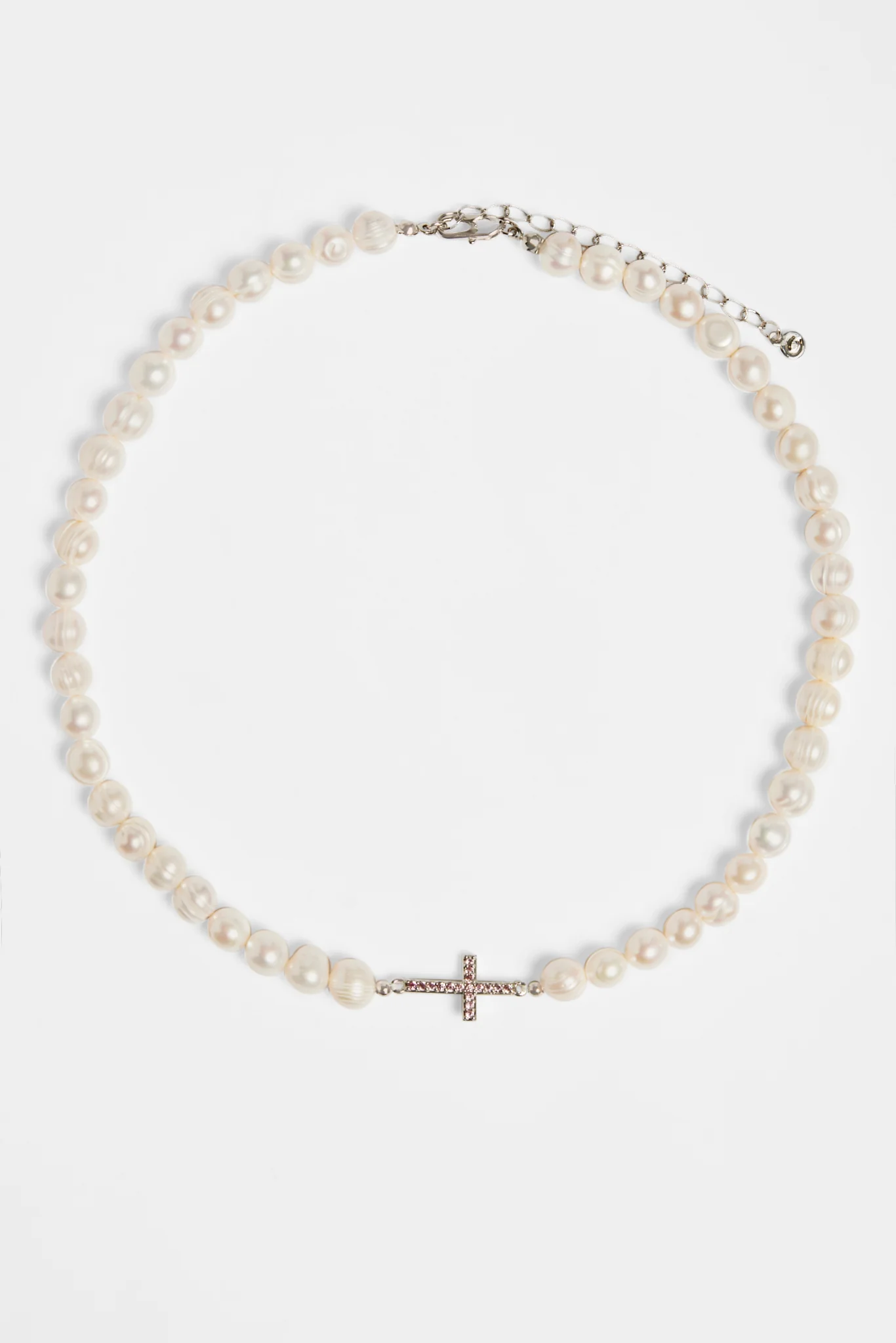 7mm Freshwater Pearl & Pink Iced Cross Necklace - Image 3