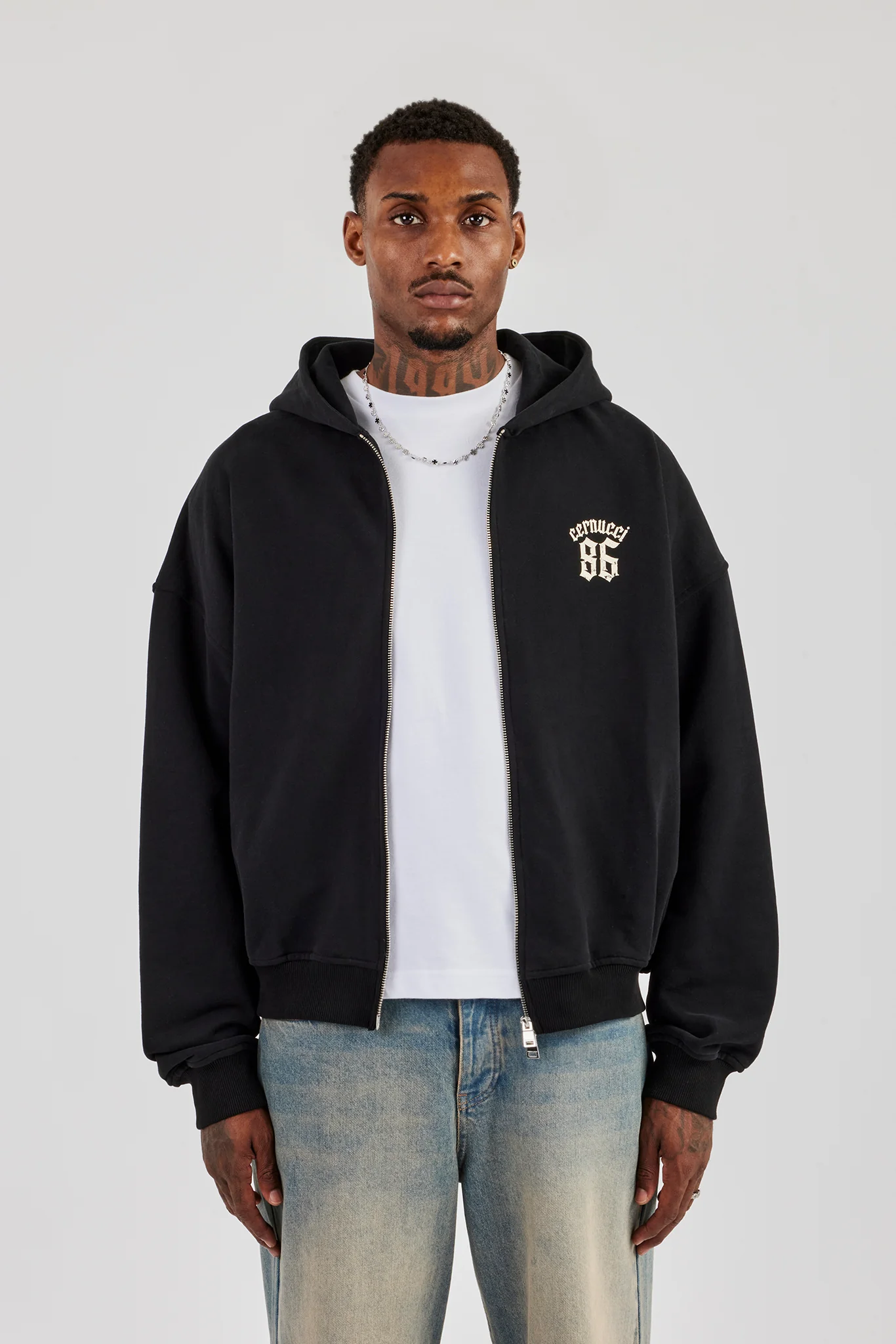 86 Back Print Zip Through Boxy Hoodie - Black - Image 2