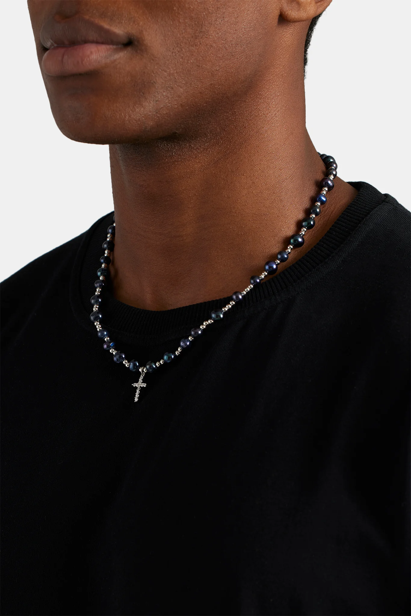 8mm Freshwater Black Pearl Necklace With Iced CZ Cross - Image 3