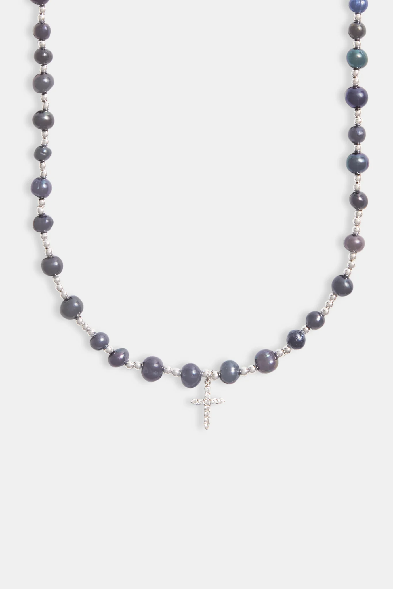 8mm Freshwater Black Pearl Necklace With Iced CZ Cross - Image 4