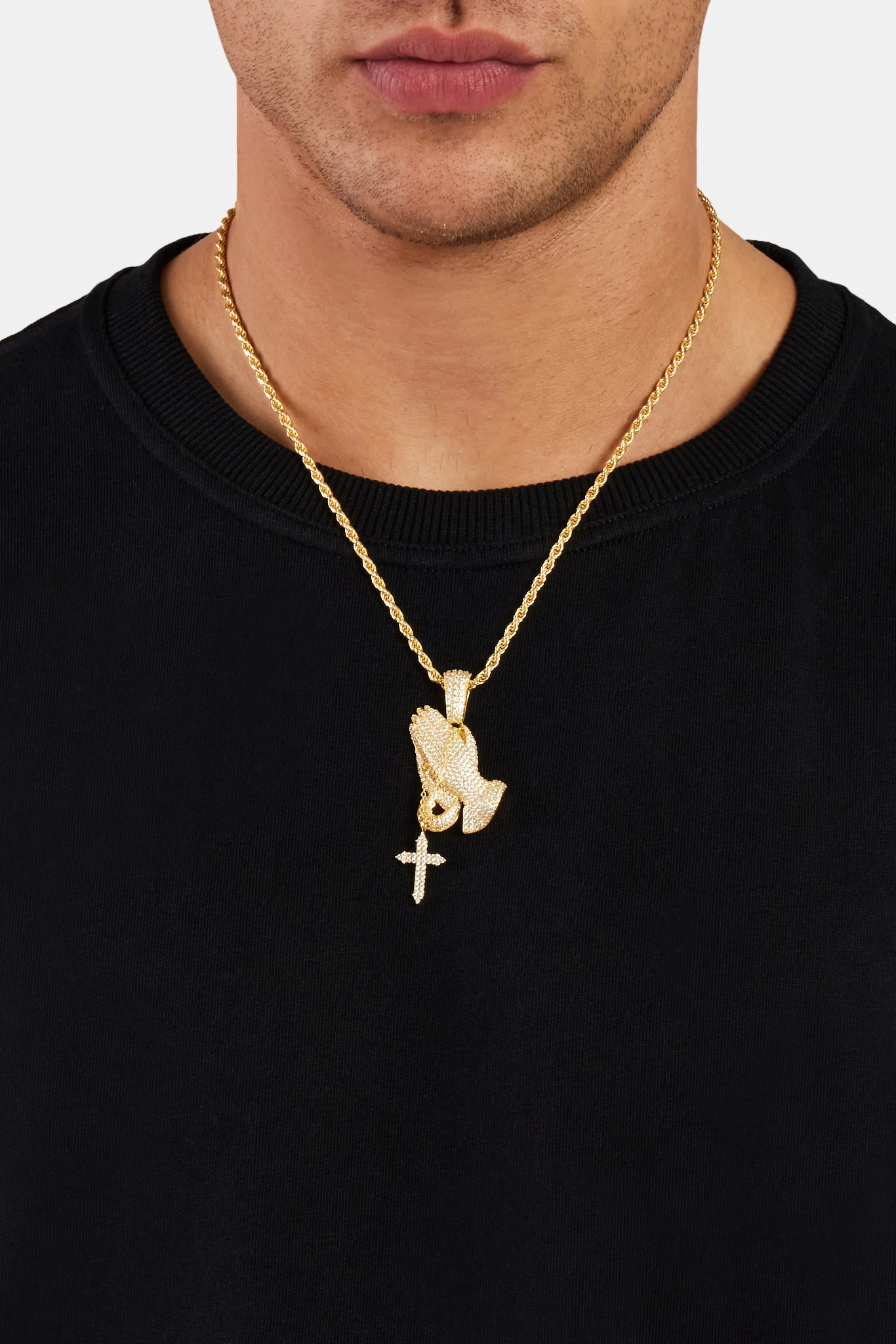 925 Sterling Silver Iced Praying Hands Pendant - Gold - Image 2
