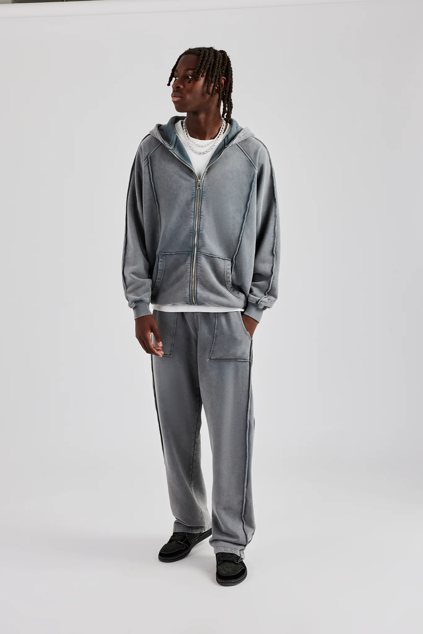 Acid Exposed Seam Zip Through Hoodie - Charcoal - Image 4