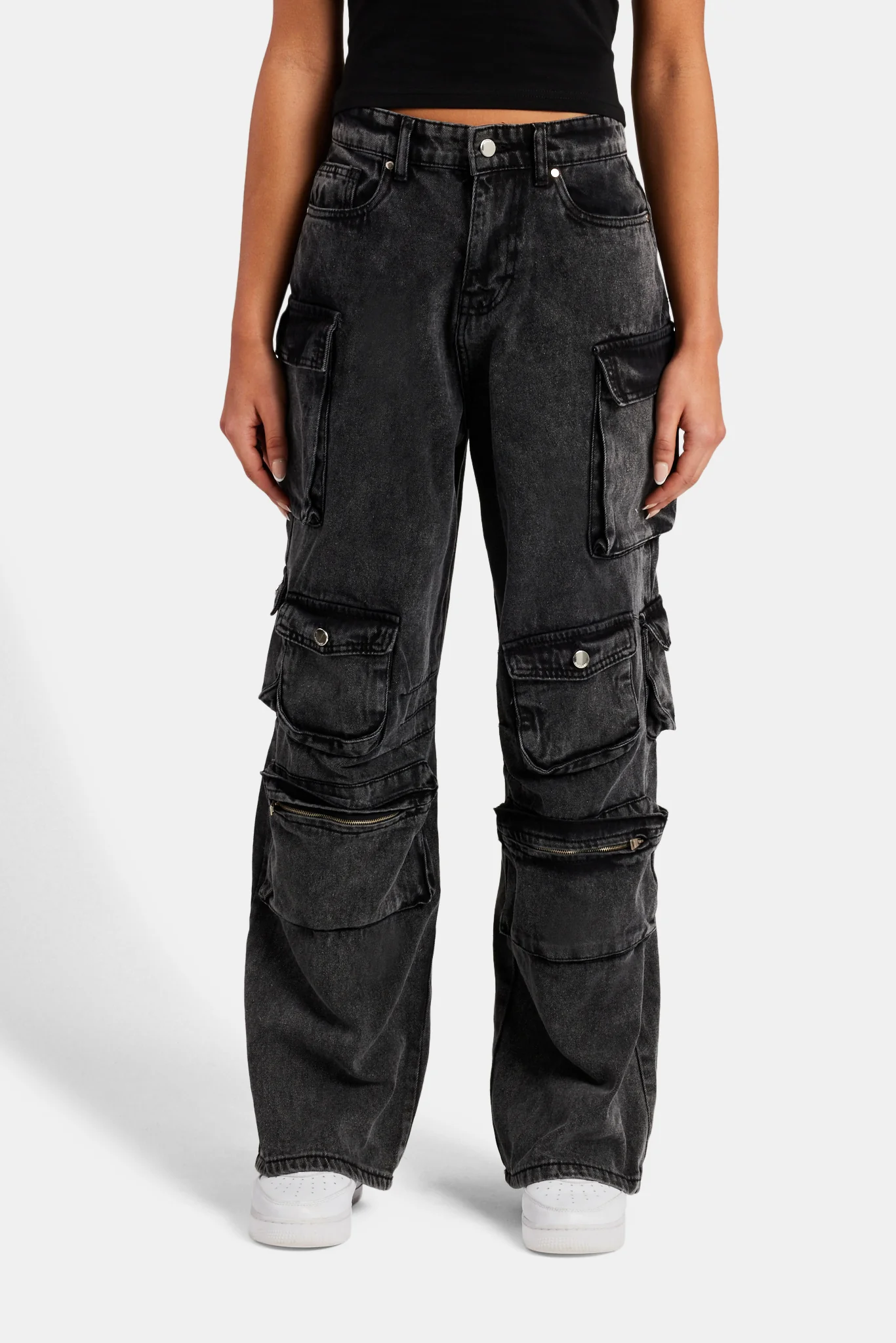 Acid Wash Baggy Cargo Jeans - Black - Image 2