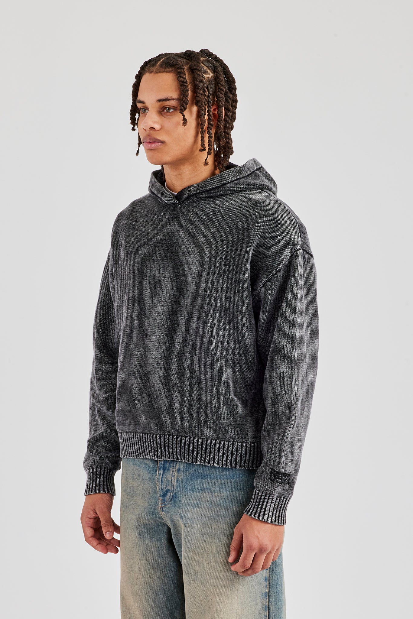 Acid Wash Knitted Hoodie - Charcoal - Image 12