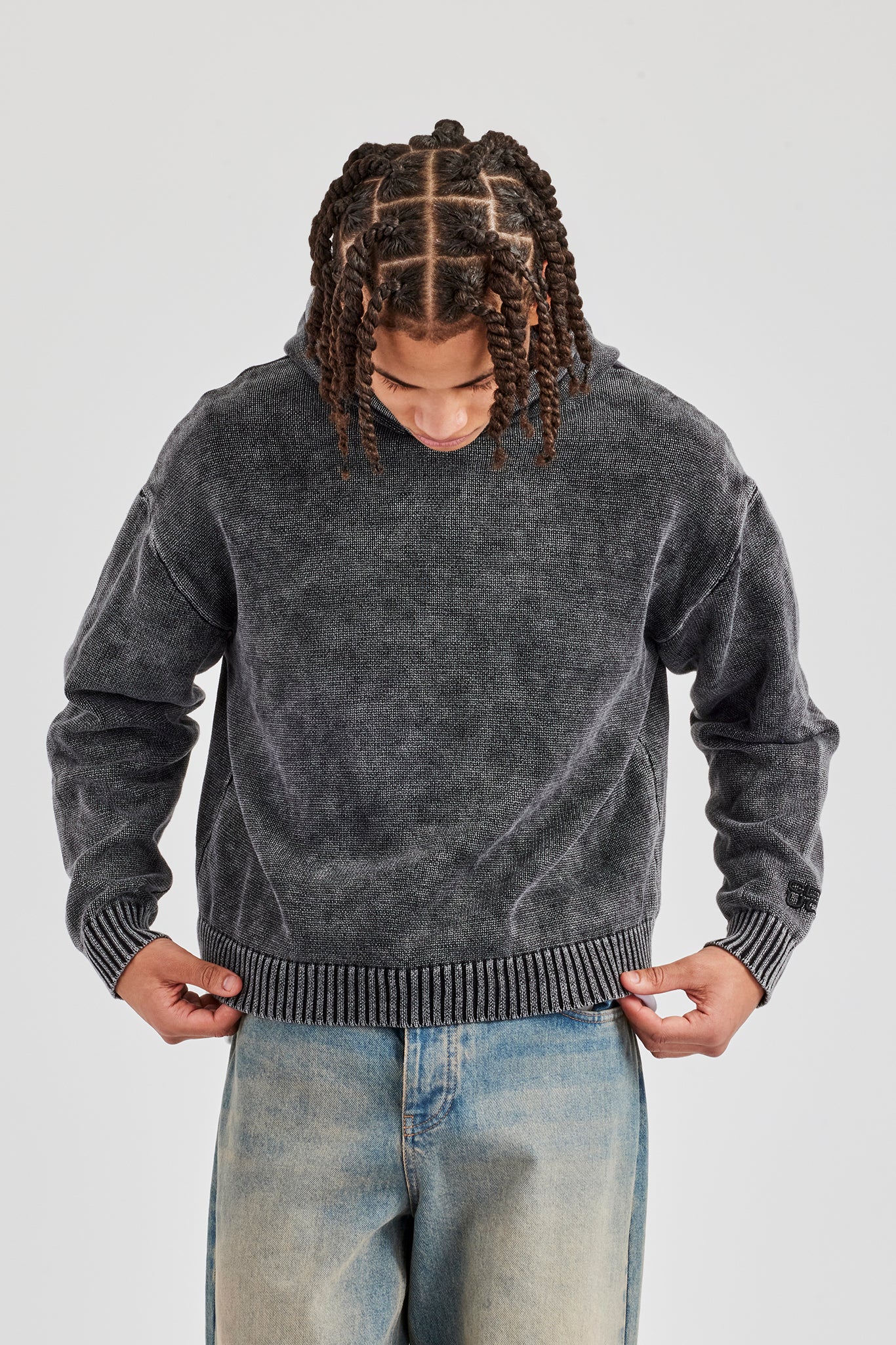Acid Wash Knitted Hoodie - Charcoal - Image 4
