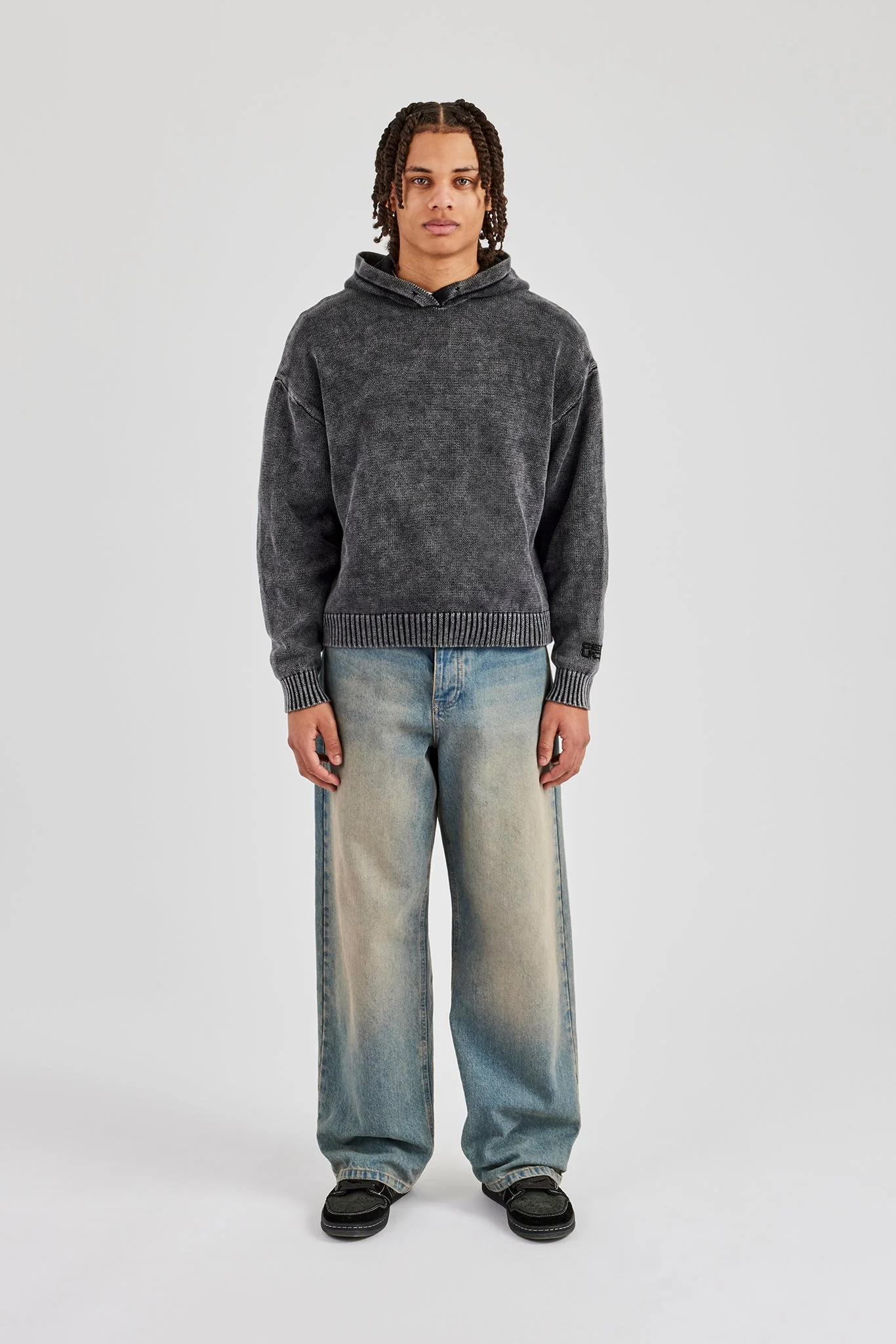 Acid Wash Knitted Hoodie - Charcoal - Image 5
