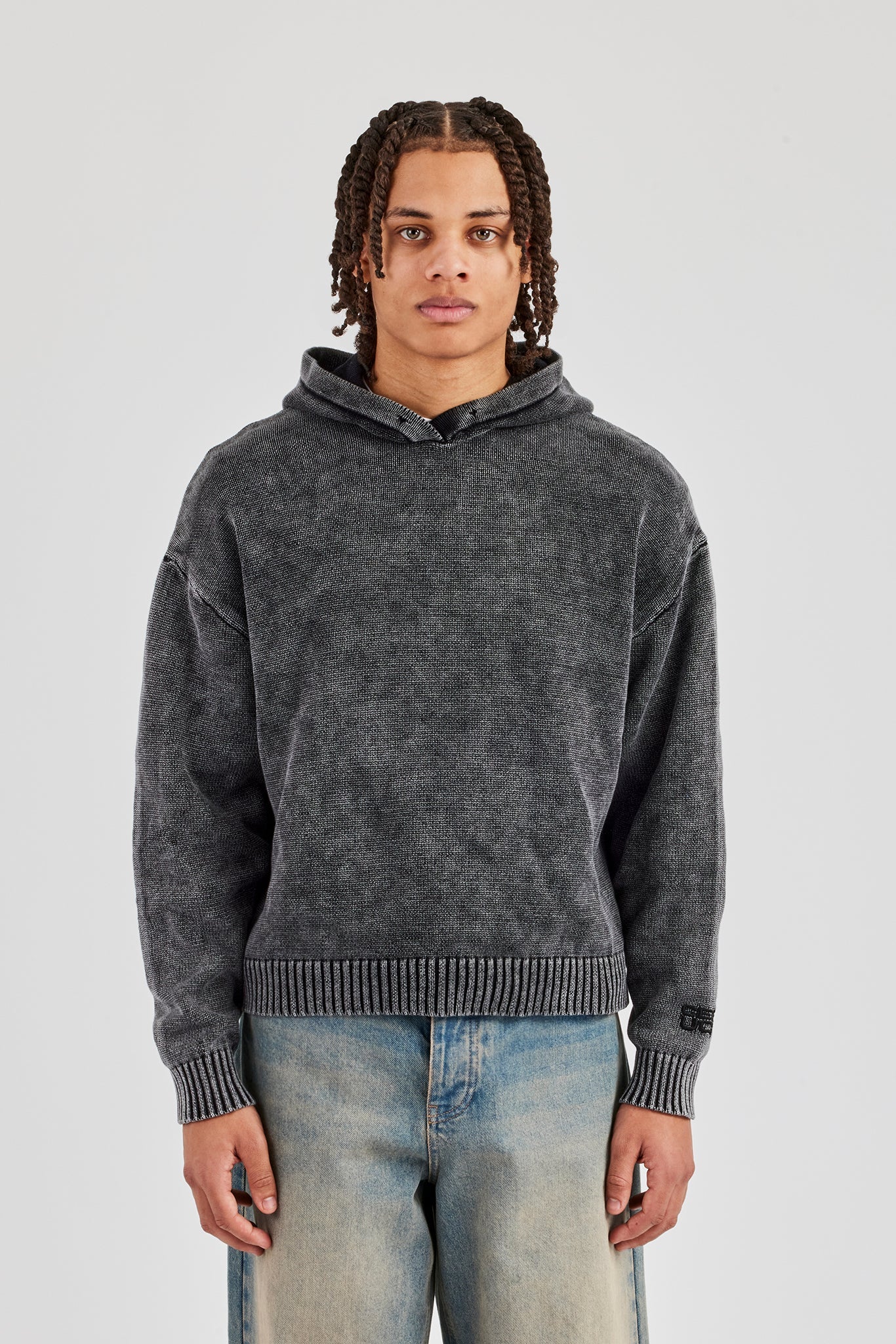 Acid Wash Knitted Hoodie - Charcoal - Image 6