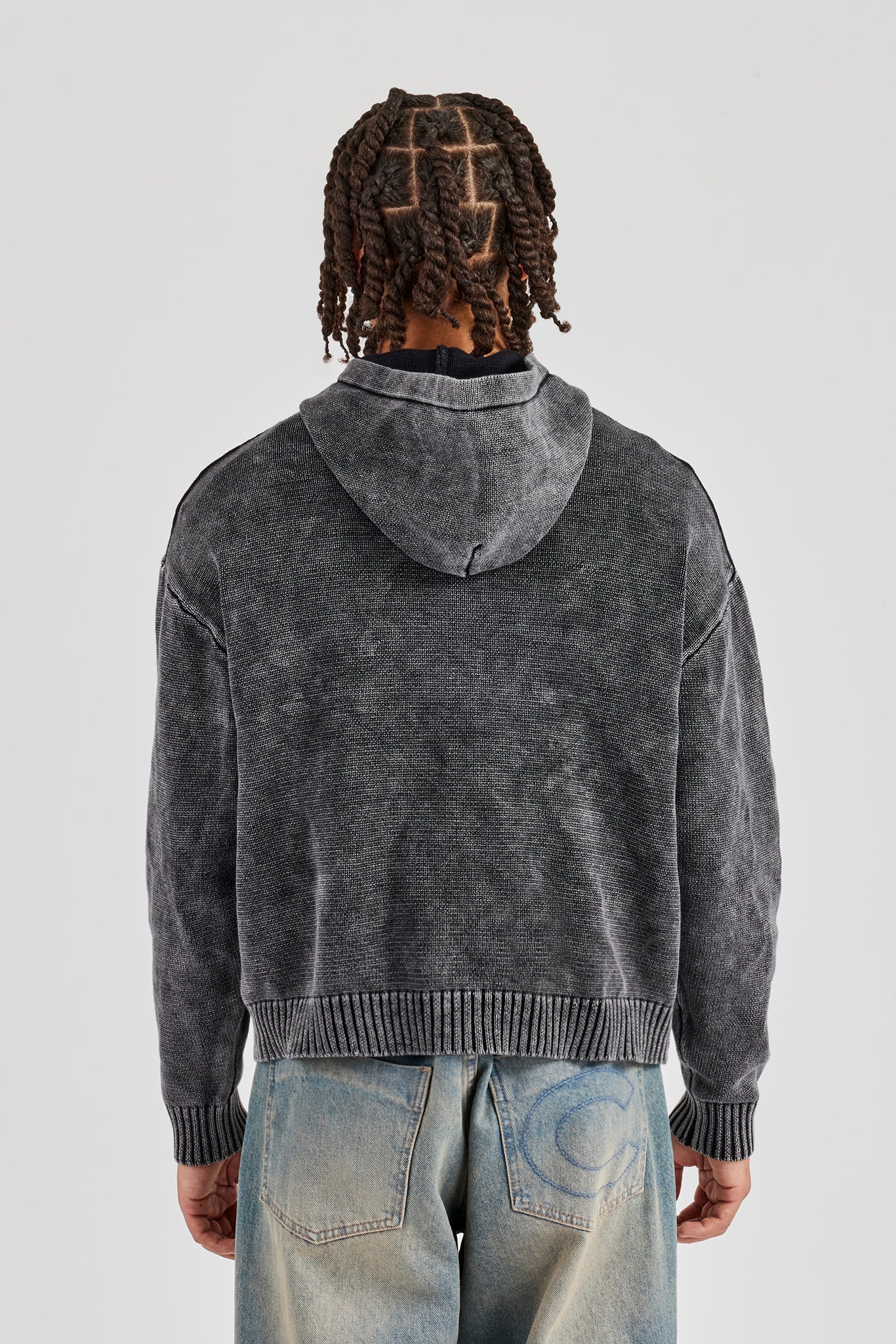 Acid Wash Knitted Hoodie - Charcoal - Image 8