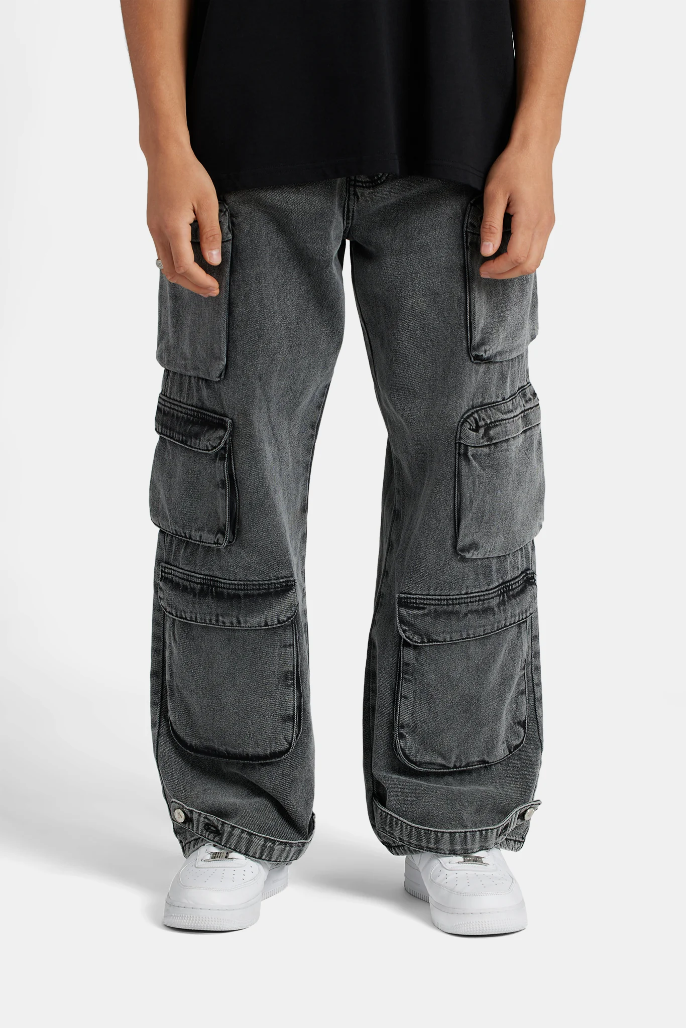 Acid Wash Utility Cargo Jeans - Black - Image 3