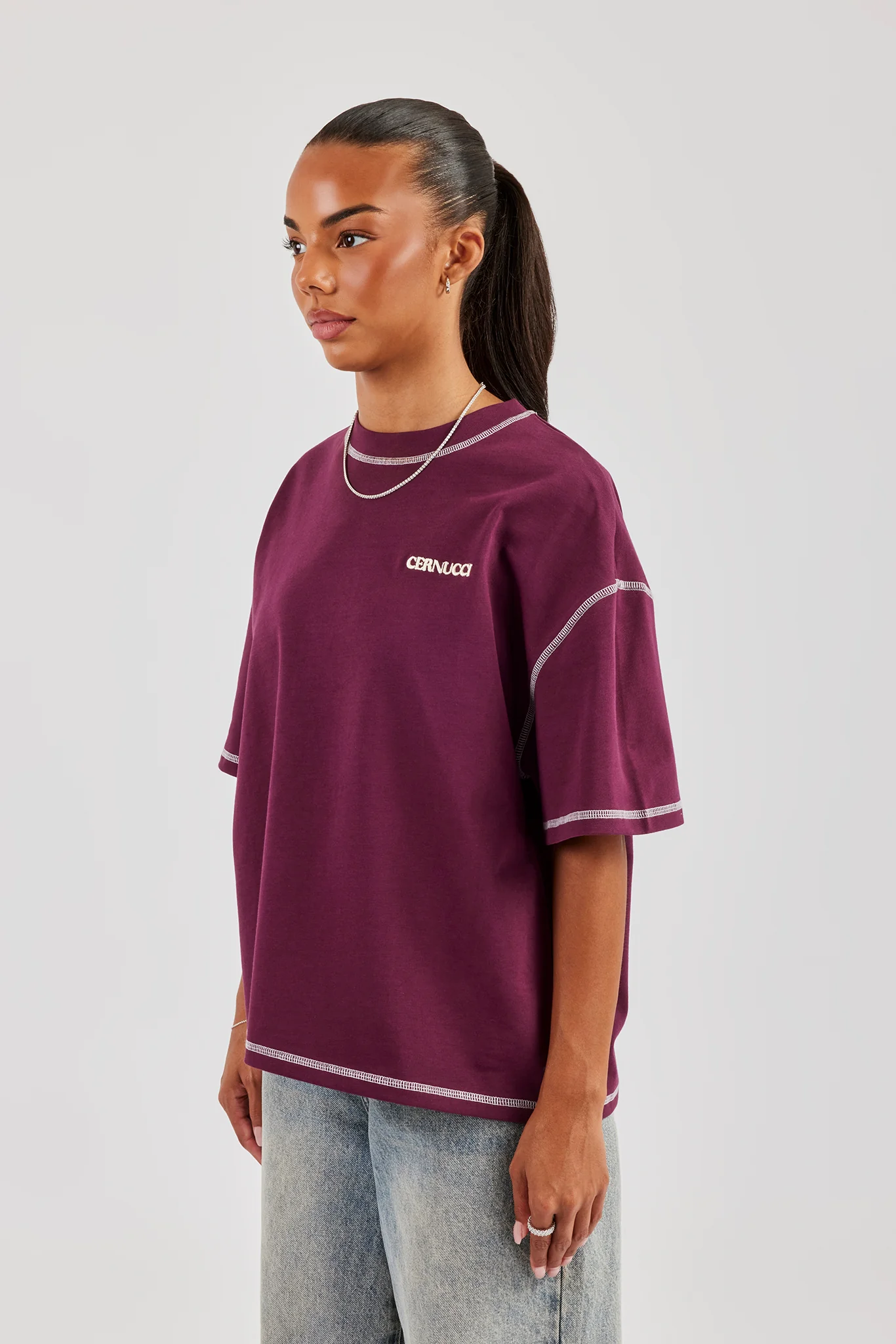 Alpes Contrast Stitch Oversized T-Shirt - Berry - Image 3