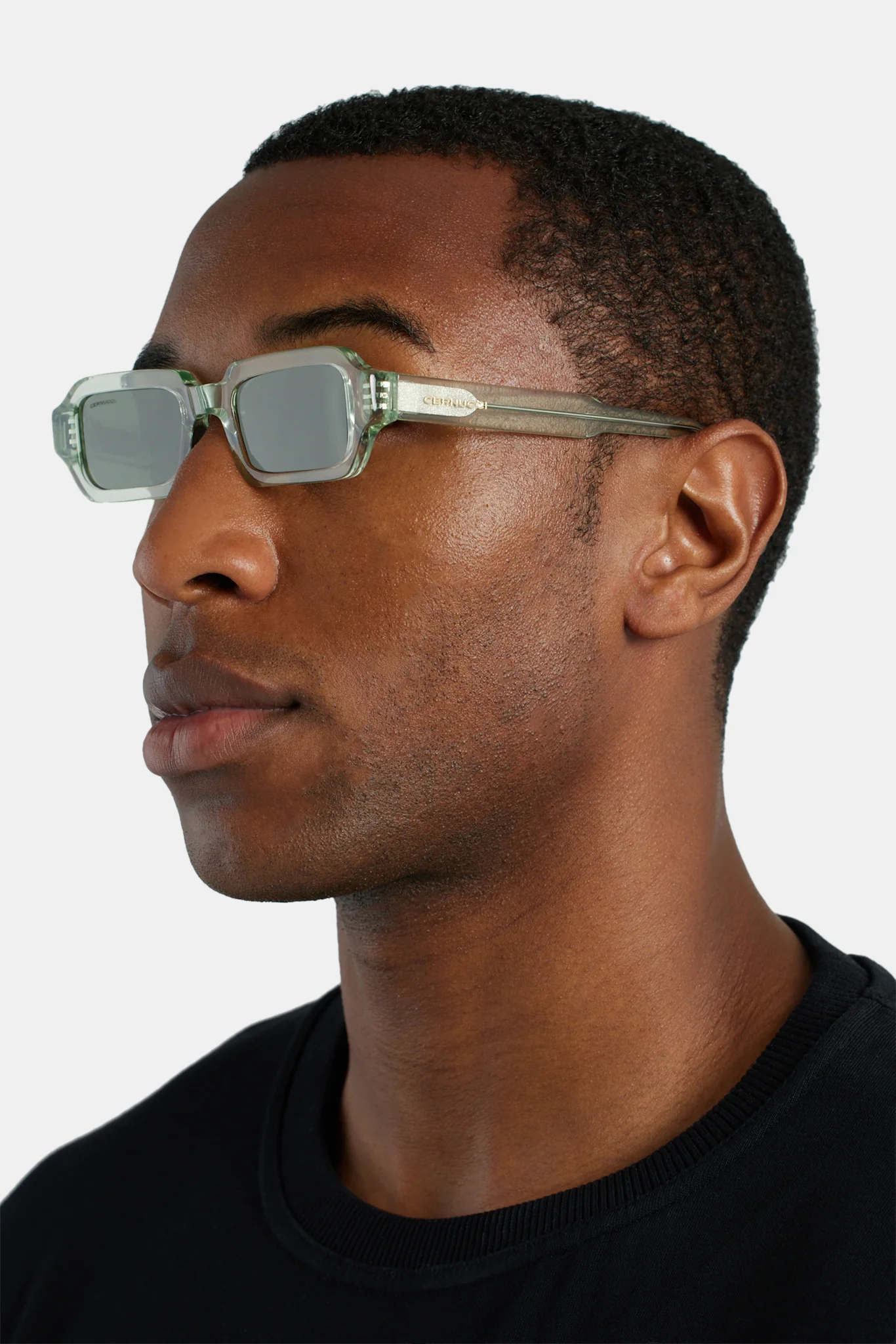 Angled Slim Rectangle Acetate Frame Sunglasses - Green - Image 2