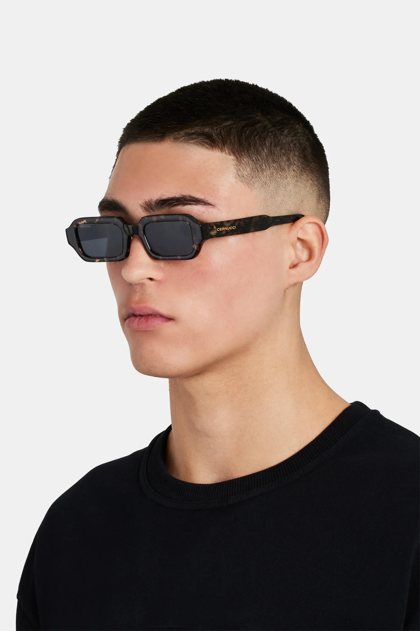 Angled Slim Rectangle Marble Acetate Frame Sunglasses - Black - Image 2