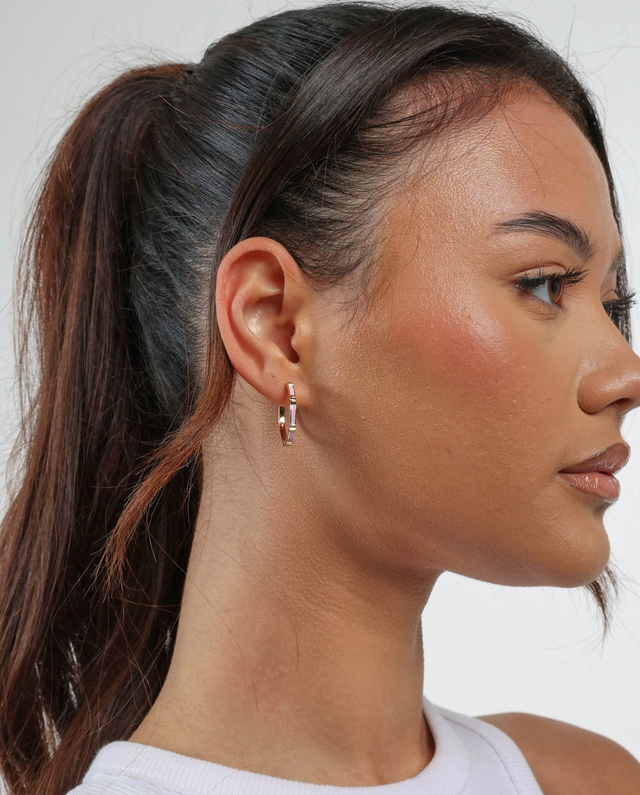 Baby Pink Enamel Hoop Earrings - Gold - Image 2
