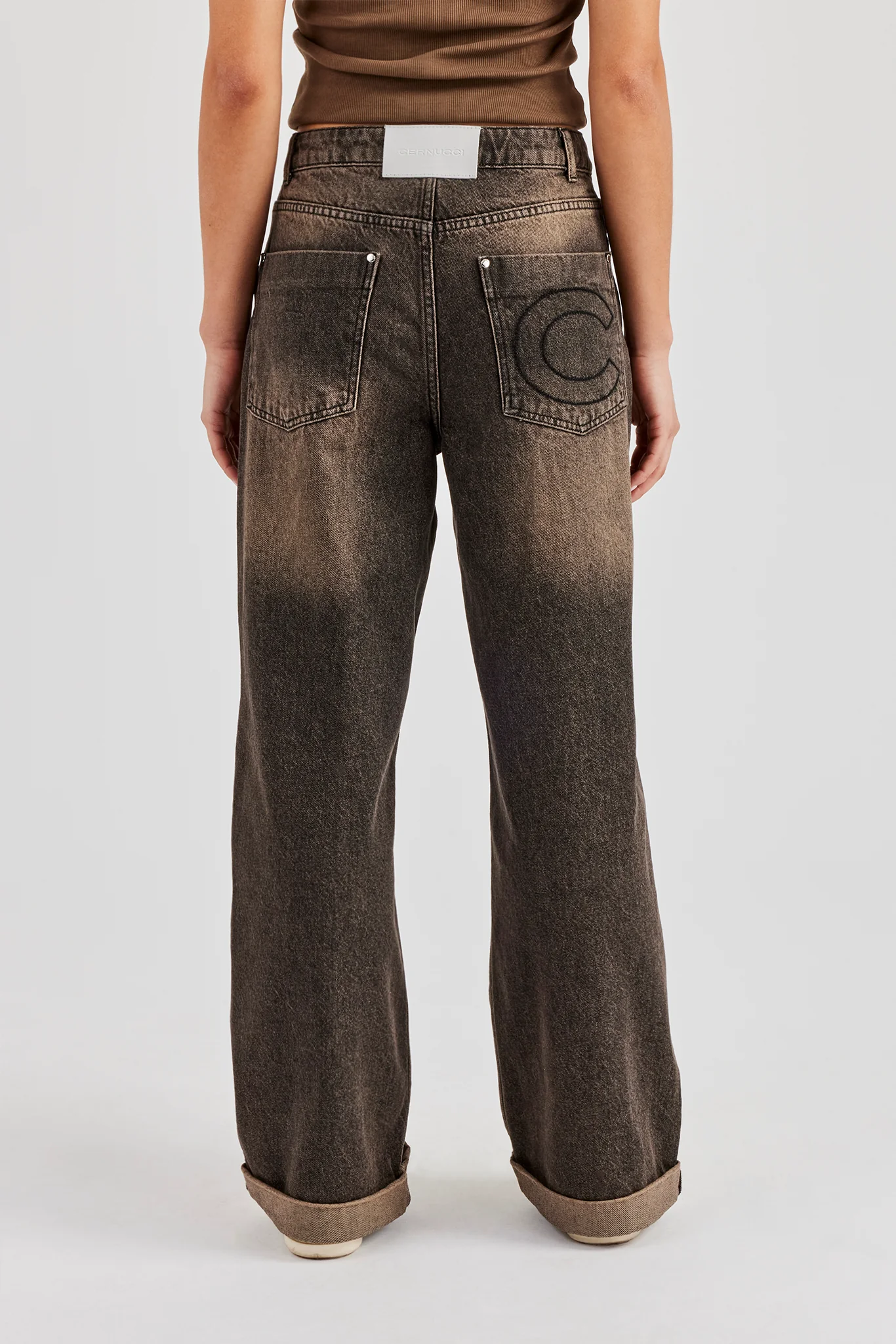 Baggy Denim Waistband Detail Jean - Brown - Image 3