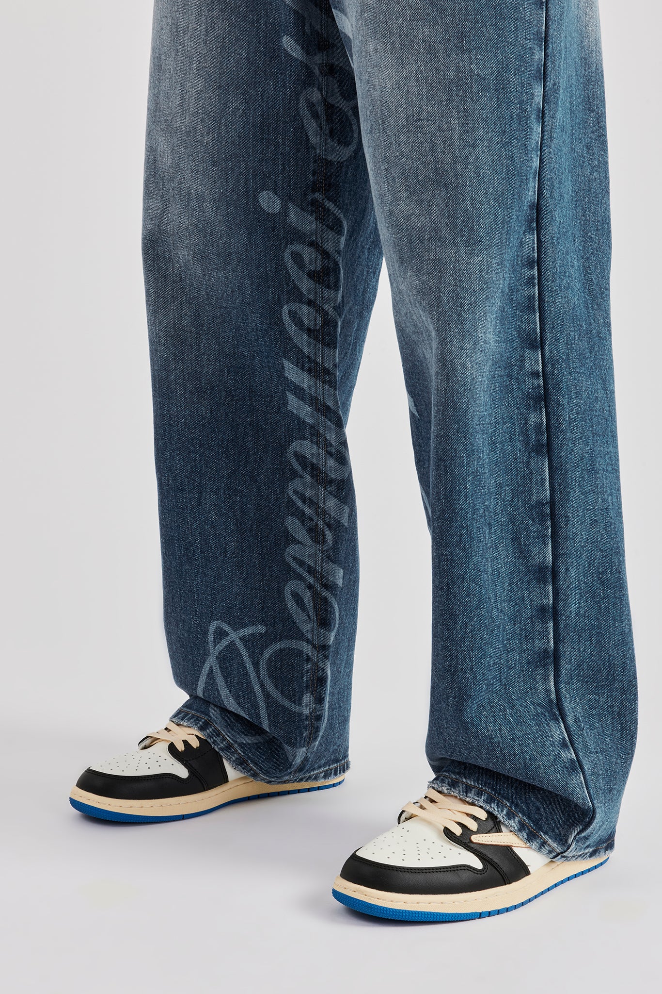 Baggy Fit Laser Print Jeans - Mid Blue - Image 3